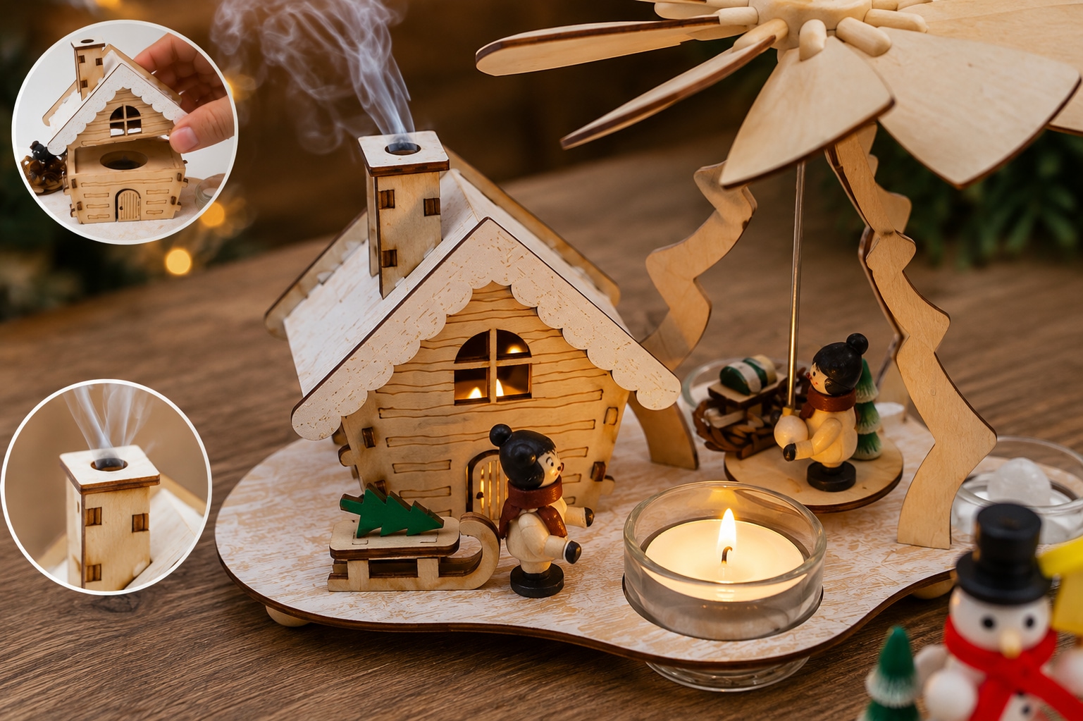 OTTO home Weihnachtsszene »Pyramide und Räucherhaus für Teelichter, 2er-Set« 6-Stunden Timer, gratis Holzanhänger, Höhe 16 cm