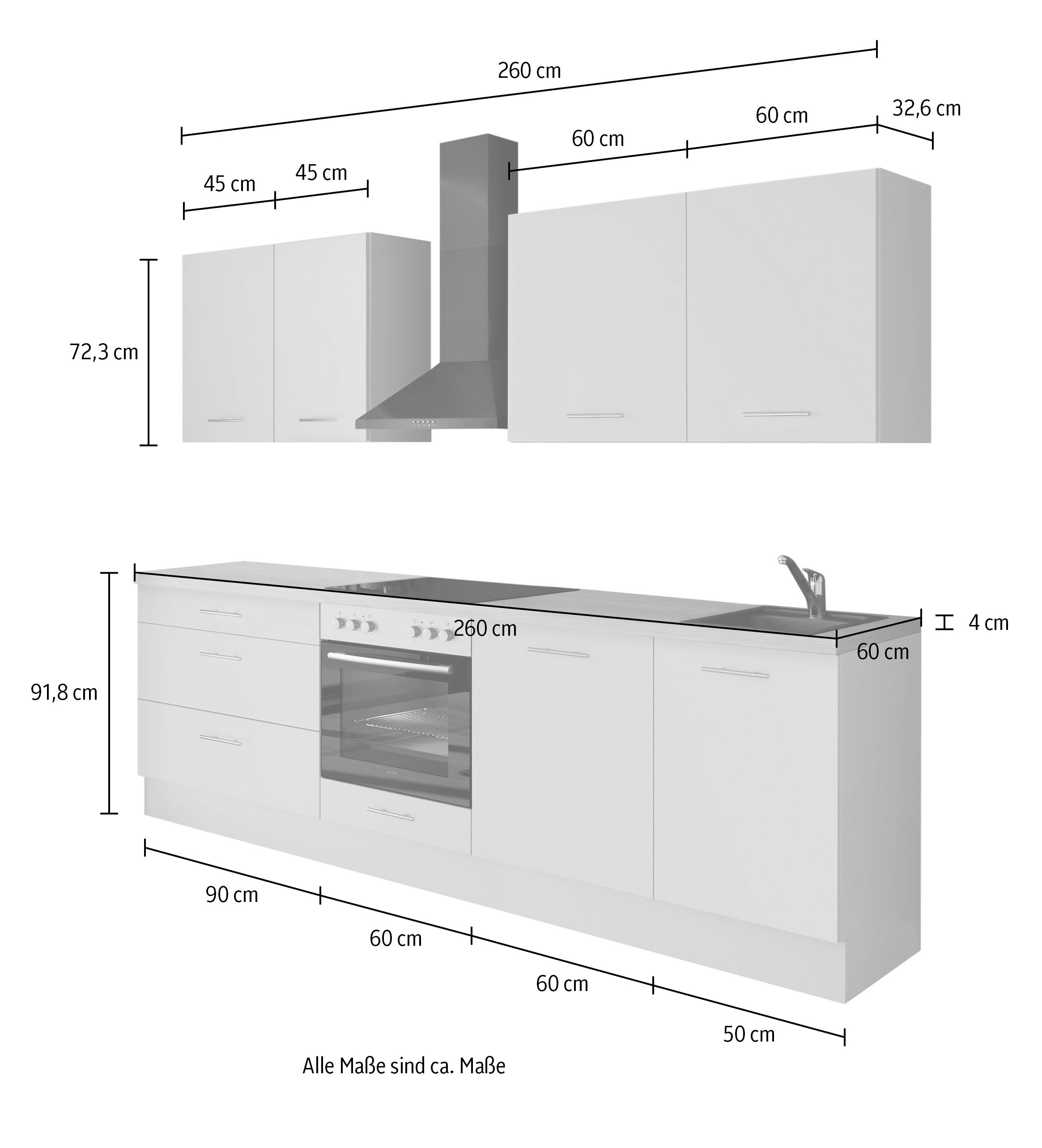 IMPULS KÜCHEN Küchenzeile »"Kopenhagen", Ausrichtung wählbar, Schubkästen mit Soft-Close« Set,  vormontiert, wahlweise mit E-Geräten, Breite 260 cm
