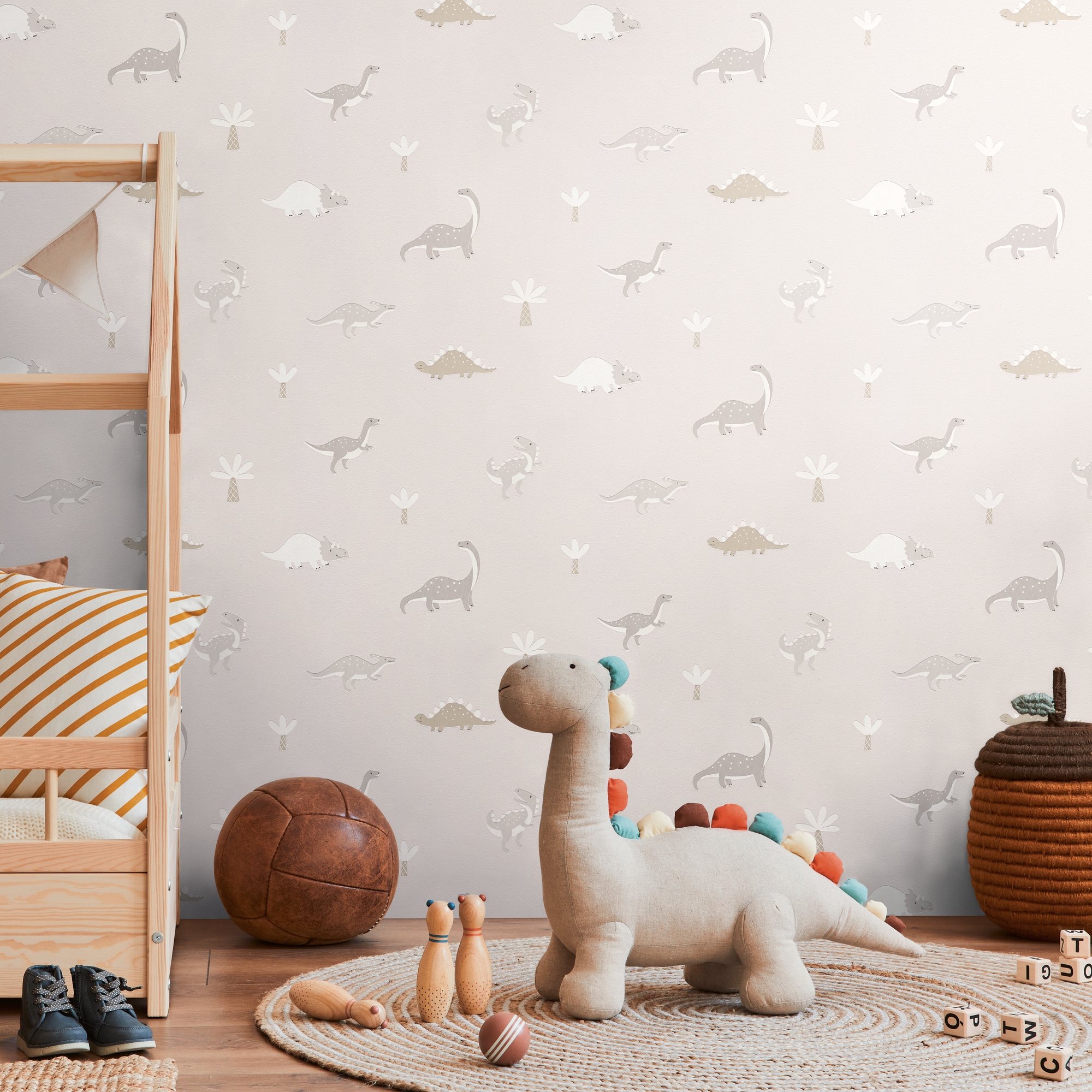 living walls Vliestapete "Kids Studio Dinosaurier – Vliestapete für Kinder" Motiv grafisch naturalistisch glatt Freundliche Dinosaurier und Palmen im modernen Scandi-Look