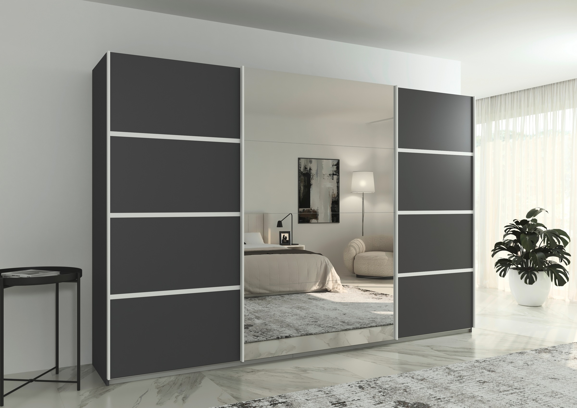 rauch Kleiderschrank »Schwebetürenschrank Garderobe Schrank TOP ANGEBOT Avola«, (in 3 verschiedenen Ausstattungen BASIC/CLASSIC/PREMIUM inkl. Spiegel), mit eleganten Zierleisten in Chrom, Schwarz oder Weiß MADE IN GERMANY