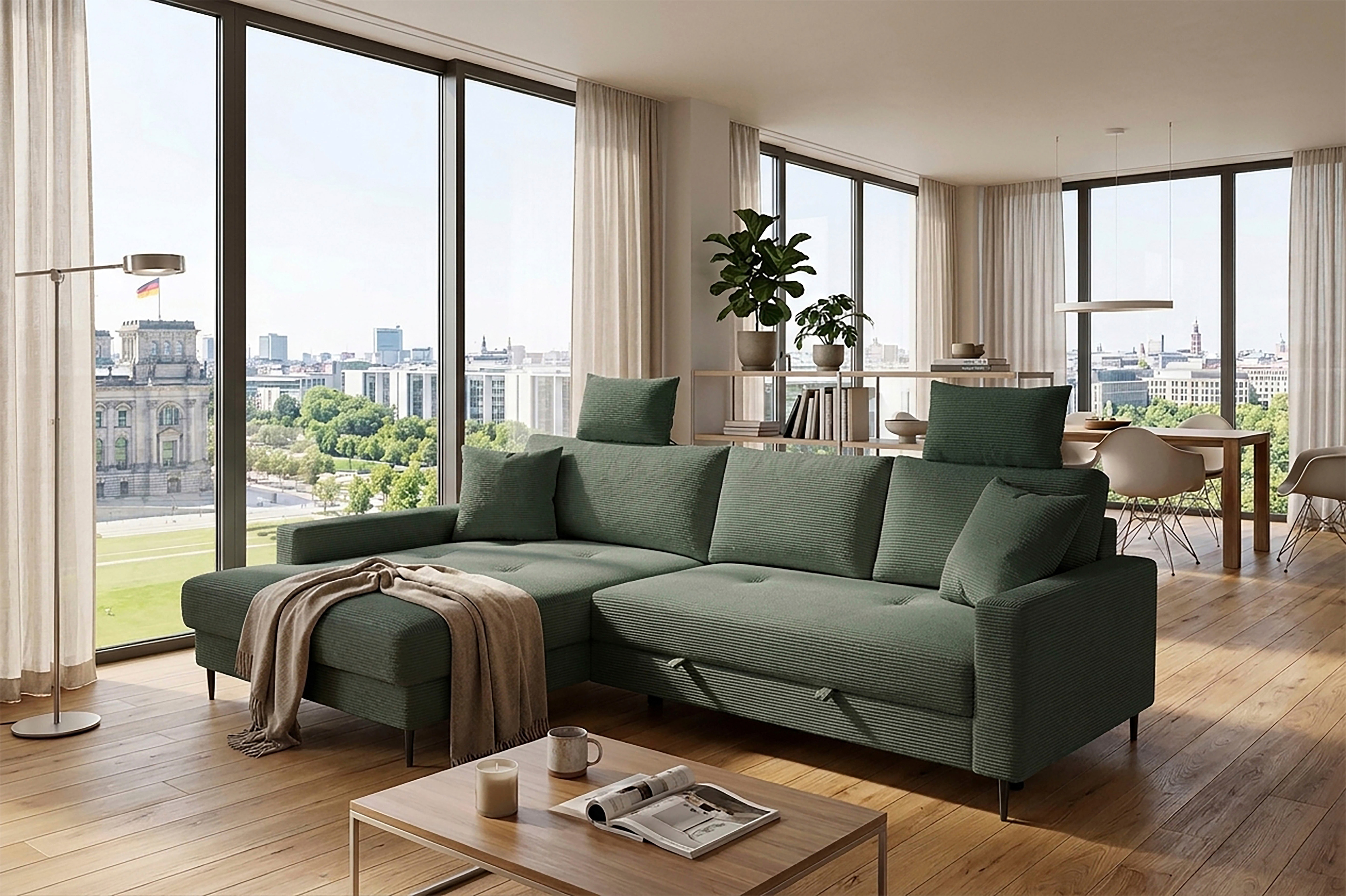 Trends by HG Ecksofa "Summer L-Form, B: 284 cm, Schlaffunktion, 2 Zierkissen" mit Kopfstützen, Wellenfederung, frei stellbar