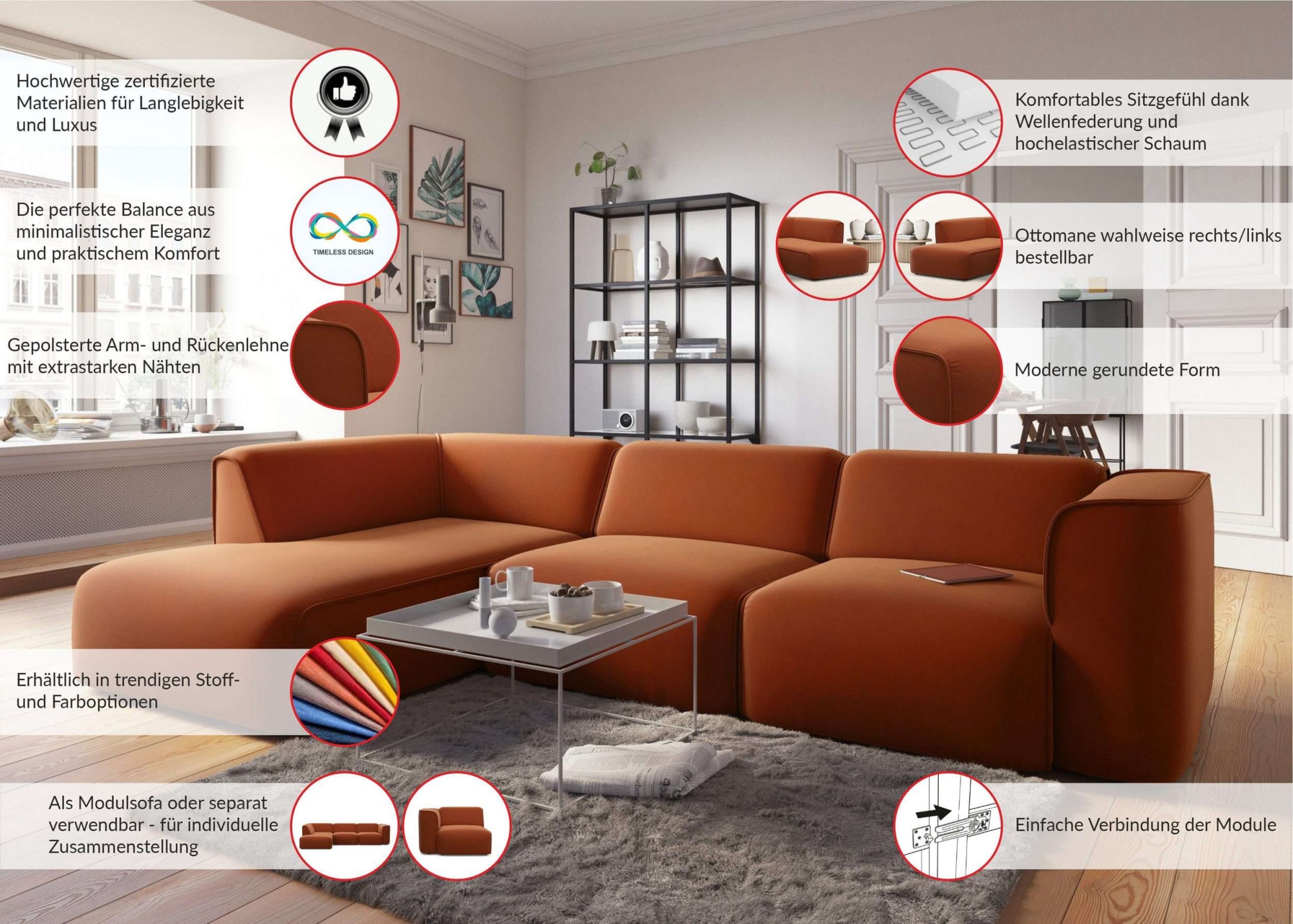 RAUM.ID Ecksofa »Merid L-Form, jederzeit durch Module erweiterbar, B/T/H: 295/162/70 cm«, als Modul oder separat verwendbar, für individuelle Zusammenstellung