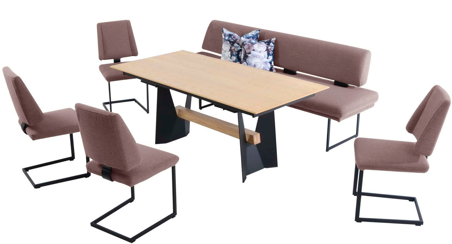 K+W Komfort & Wohnen Essgruppe "Longbeach" 6 Stk. tlg. Essgruppe in Spitzkissenoptik mit 4 Freischwingern, Gestell in Metall