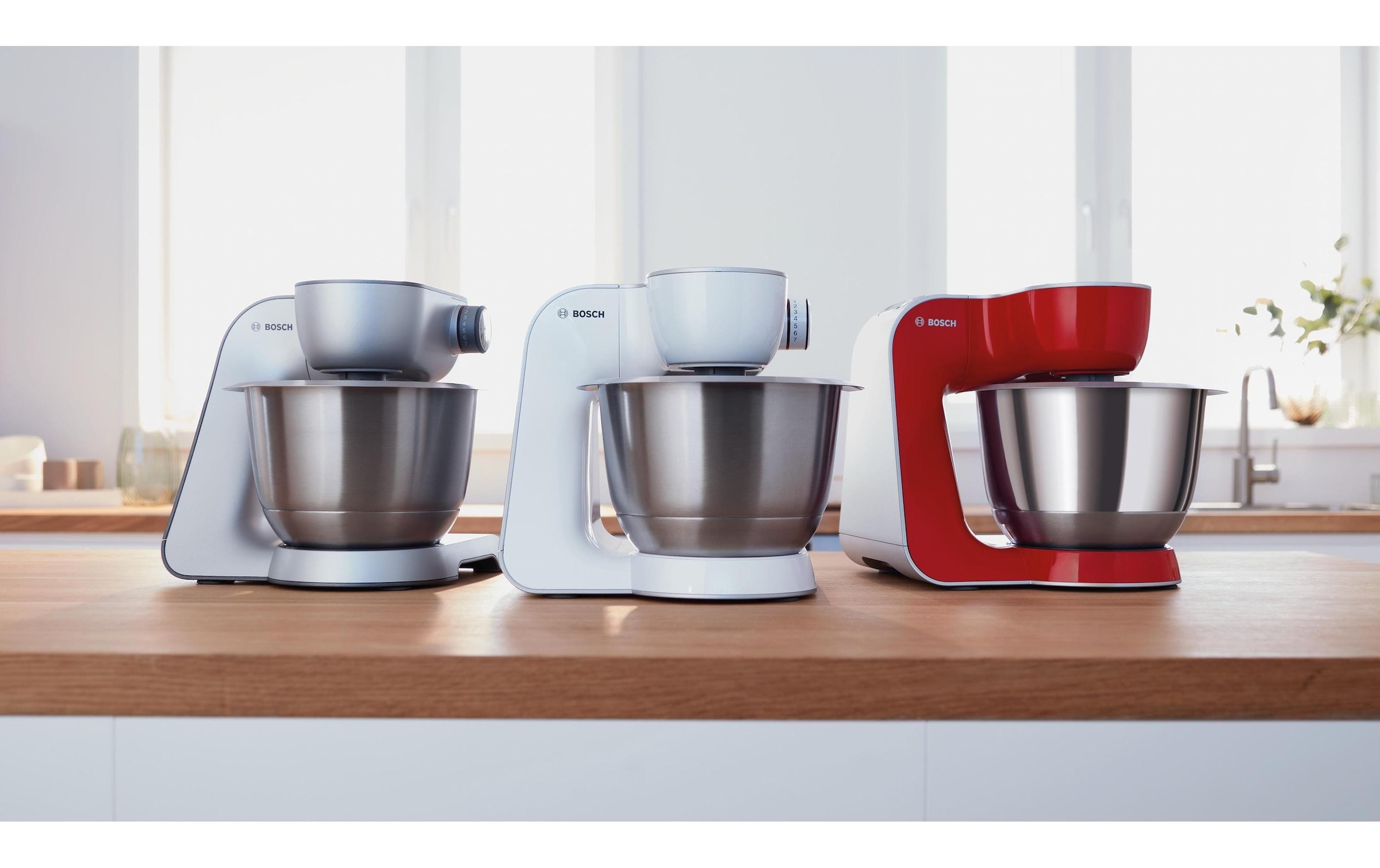 BOSCH Küchenmaschine »Serie 4 MUM58L20, Durchlaufschnitzler, Mixer, grau« 3 Scheiben, Schüssel, Knethaken/Rühr-/Silikonbesen, spülmaschinenfest