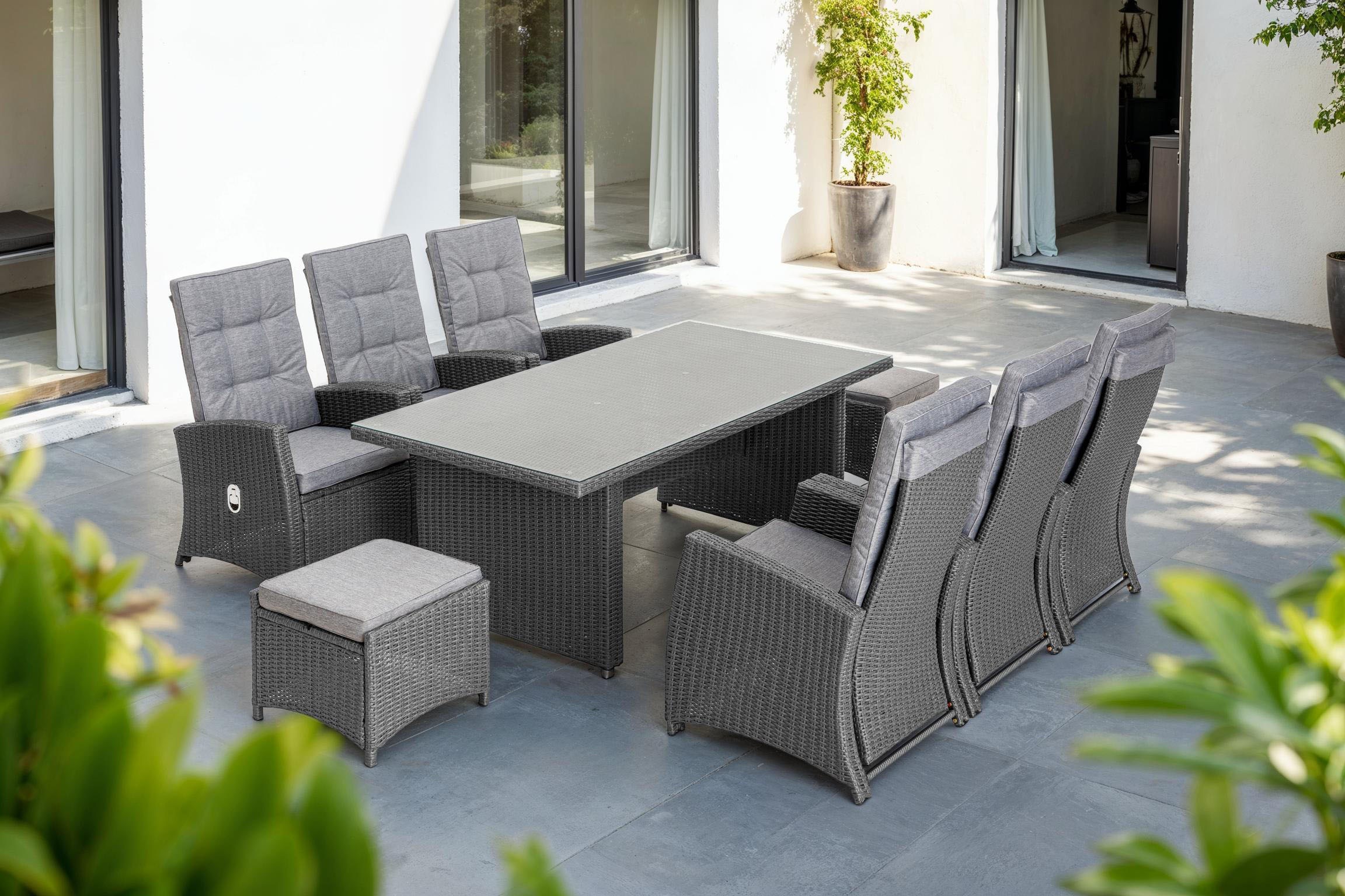 KONIFERA Garten-Essgruppe »»New Paris««, (Set, 23 tlg., 6 Sessel, Rückenlehne verstellbar, Tisch 100x200x75 cm, 2 Hocker), inkl. Auflagen, Stahl/Polyrattan