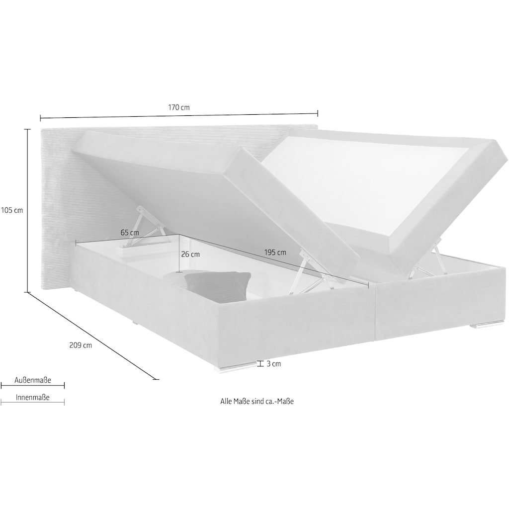 INOSIGN Boxbett »Evina«, Inkl. Bettkasten & Topper, wahlbar in H2 o. H3, Kopfteil in Cordbezug