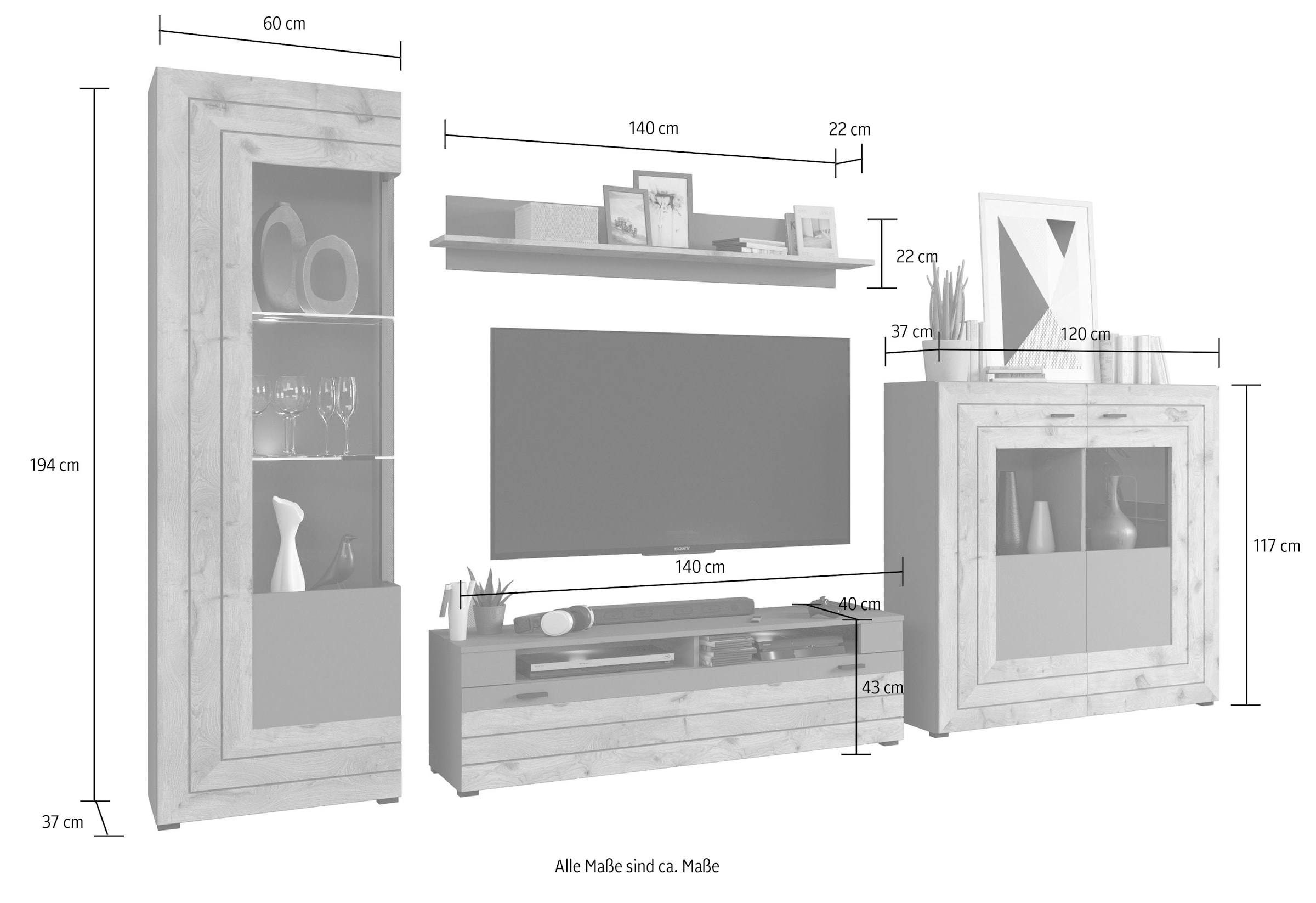 INOSIGN Wohnwand »Aalborg, Breite 350cm, 2-farbig,Metallgriffe, 4-teilig, bestehend aus:«, (4 St.), 1x Vitrine, 1x Lowboard, 1x Wandboard und 1x Highboard
