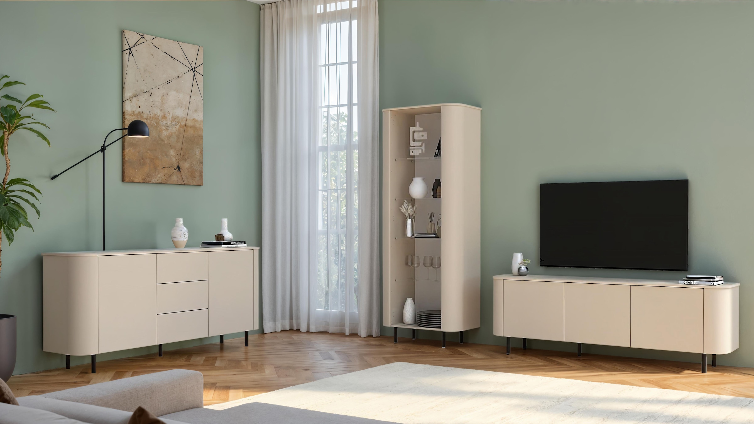 INOSIGN Sideboard »Lido, 181 cm breit, 2 Türen, 3 Schubkästen, Kommode, Stauraumschrank« Formgebogenes MDF, Stirnseiten mit Rundung, Push-to-open, Metallfüße