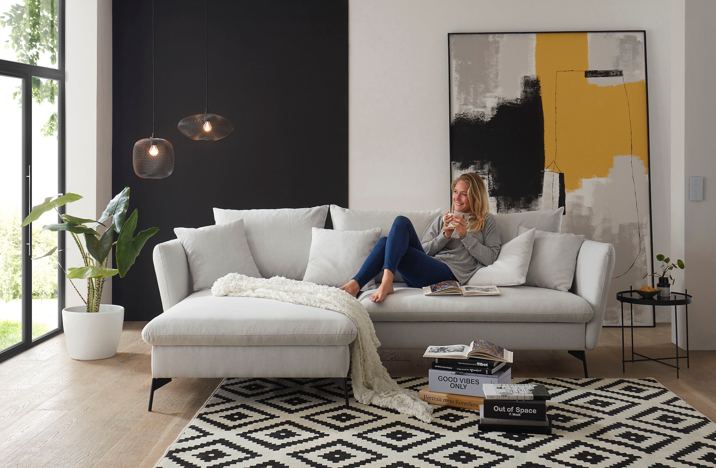 andas Ecksofa »LIVORNO,258 cm, L-Form,«, Schlaffunktion u. Bettkasten (139/224cm), Samt, Struktur, Webstoff
