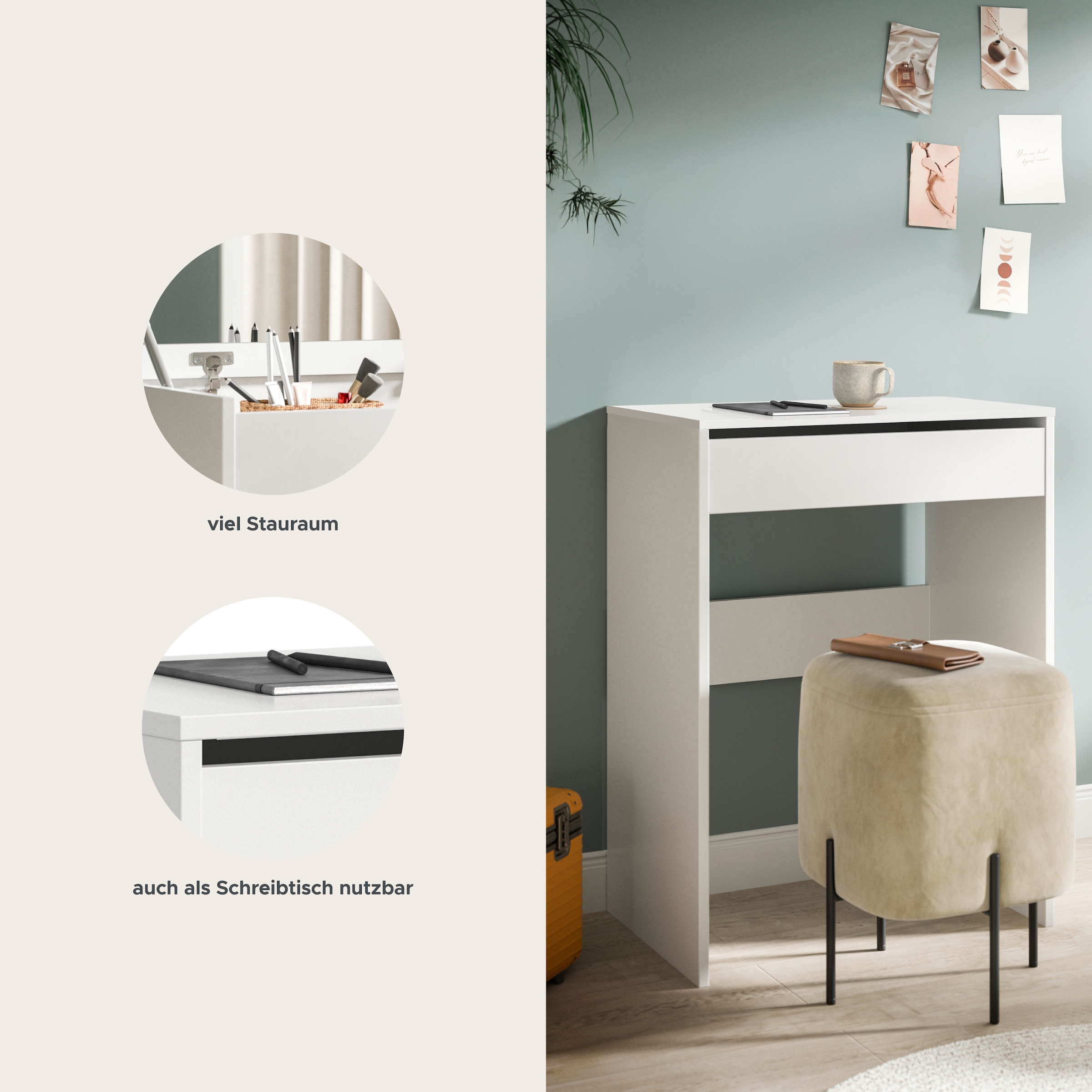 welltime Schminktisch »MIRA, Breite 62cm, aufklappbar mit Innenspiegel & Stauraumfach« Kosmetiktisch, Frieserkommode, Schreibtisch, Home-Office-Schreibtisch