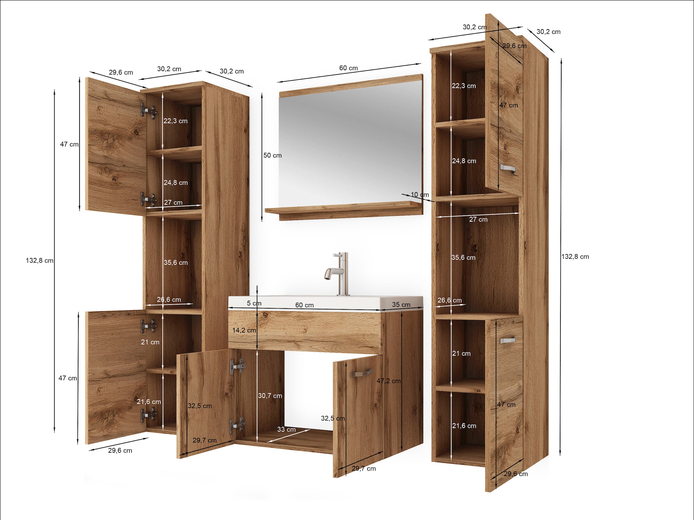 welltime Badmöbel-Set »Lorca«, (4 St.), Badezimmer Badmöbel Set Lorca XL 60cm Waschbecken Unterschrank