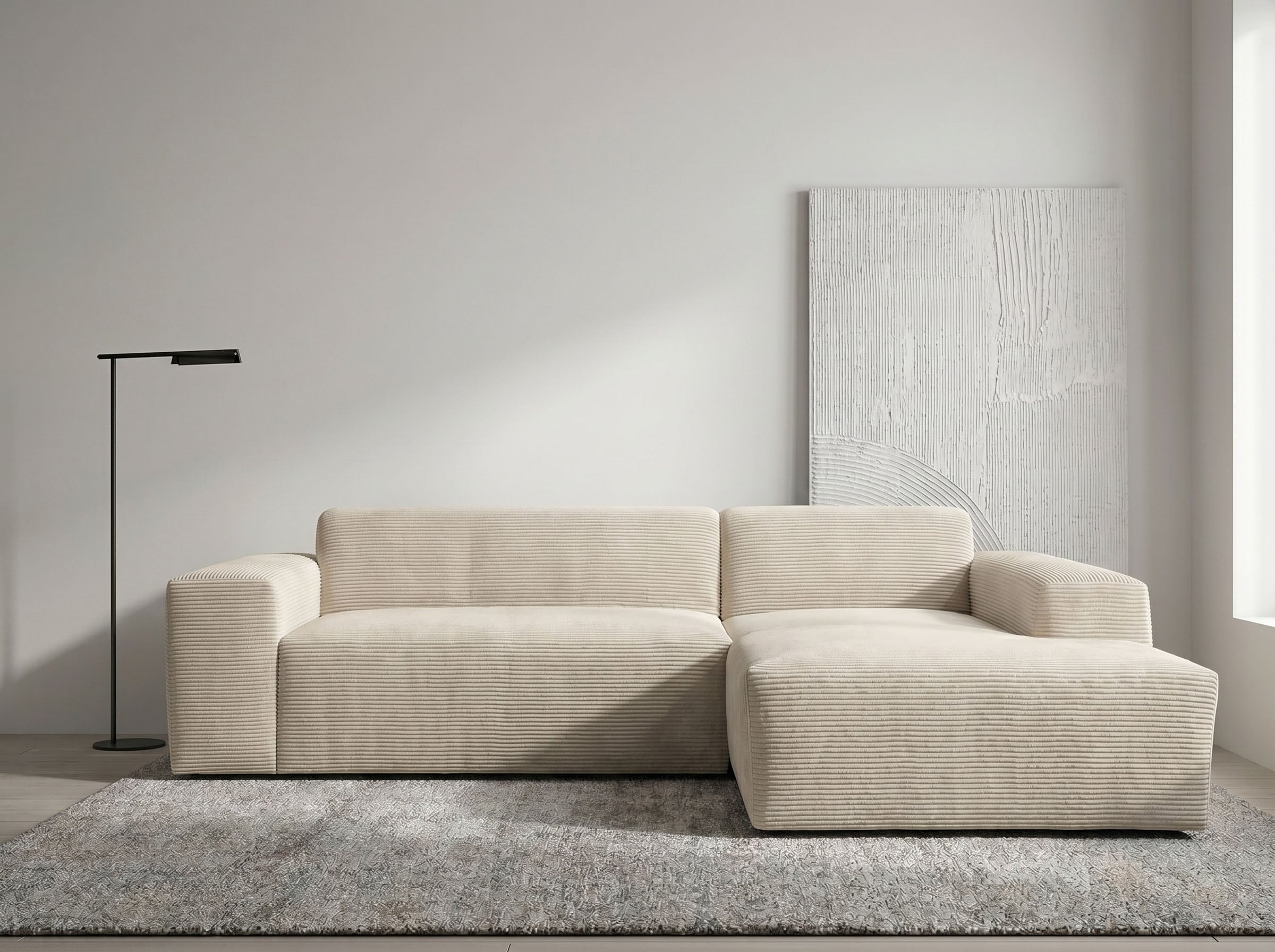 WERK2 Ecksofa "Zeus-L 253 cm breit, bequemes Cord-Sofa in L-Form, urbanes Design" Organische curvy-trend Couch mit großer Komfort-Ottomane