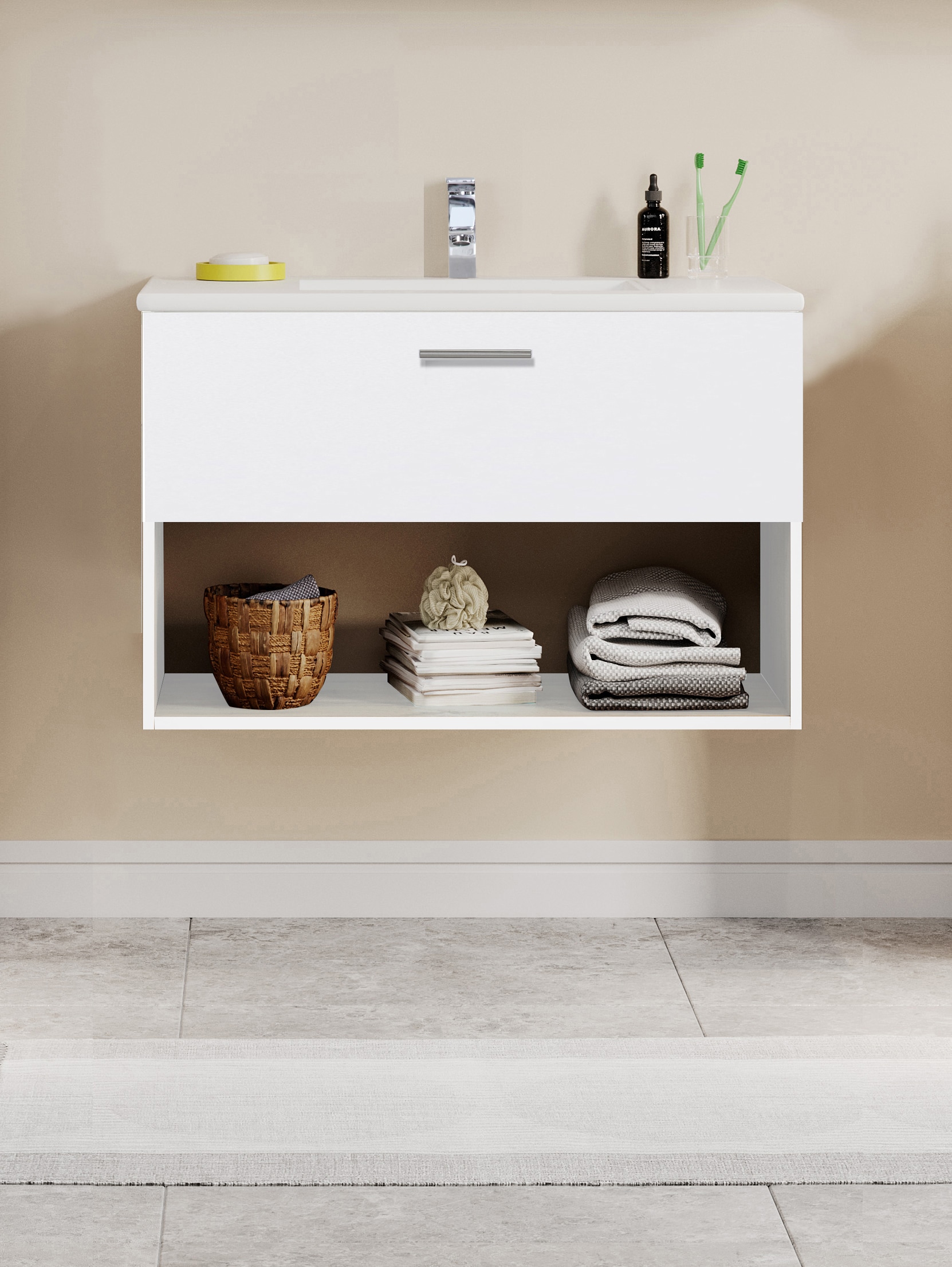 welltime Waschtisch »Trento Light, 60cm, 80cm, 100cm, Keramik-Auflagebecken«, 1 Auzug und 1 offenes Fach