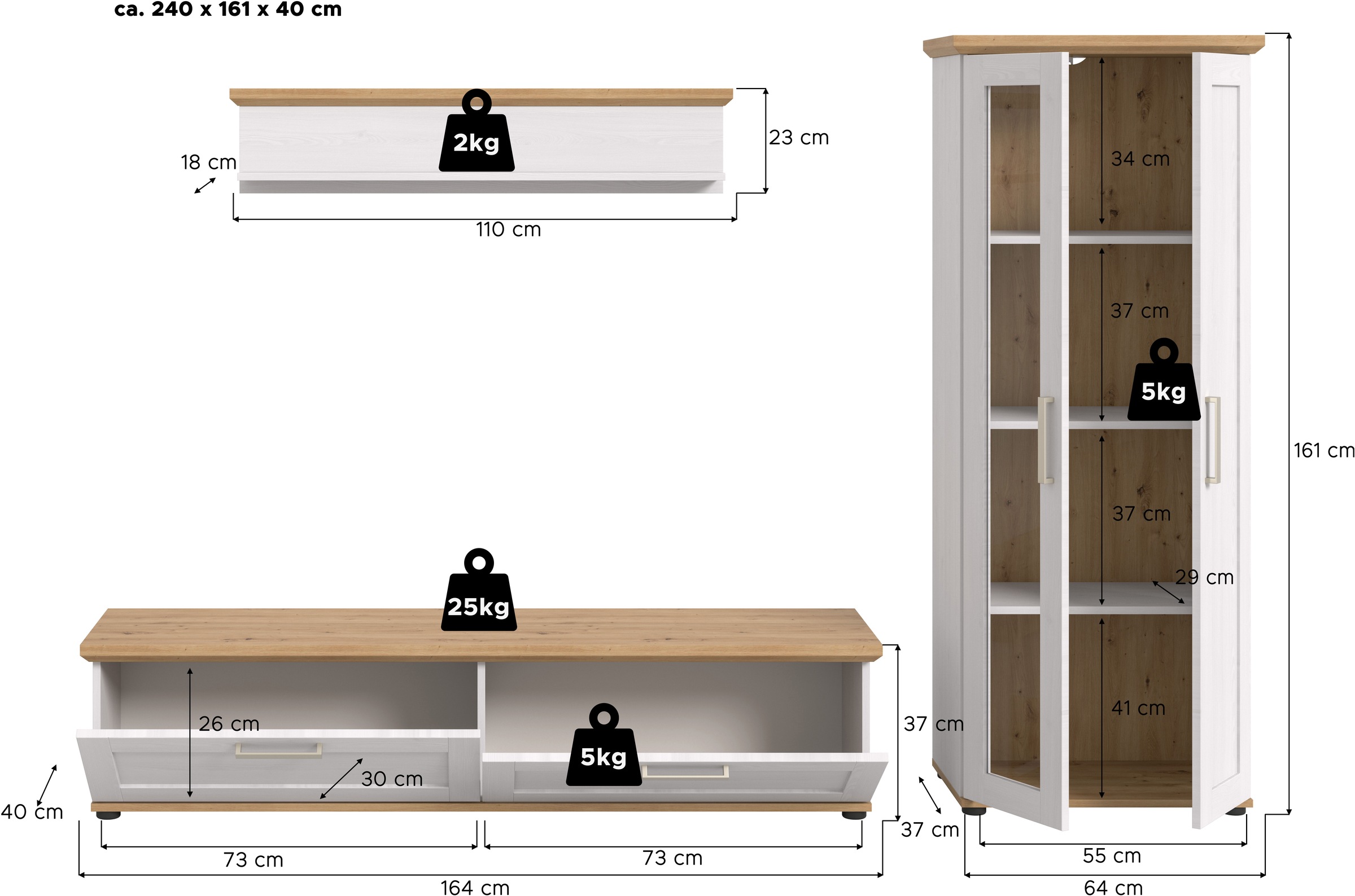 Home affaire Wohnwand »Cosenza«, (Set, 3 St.), Cosenza, Breite: 336 cm, Vitrine, Lowboard, Wandboard
