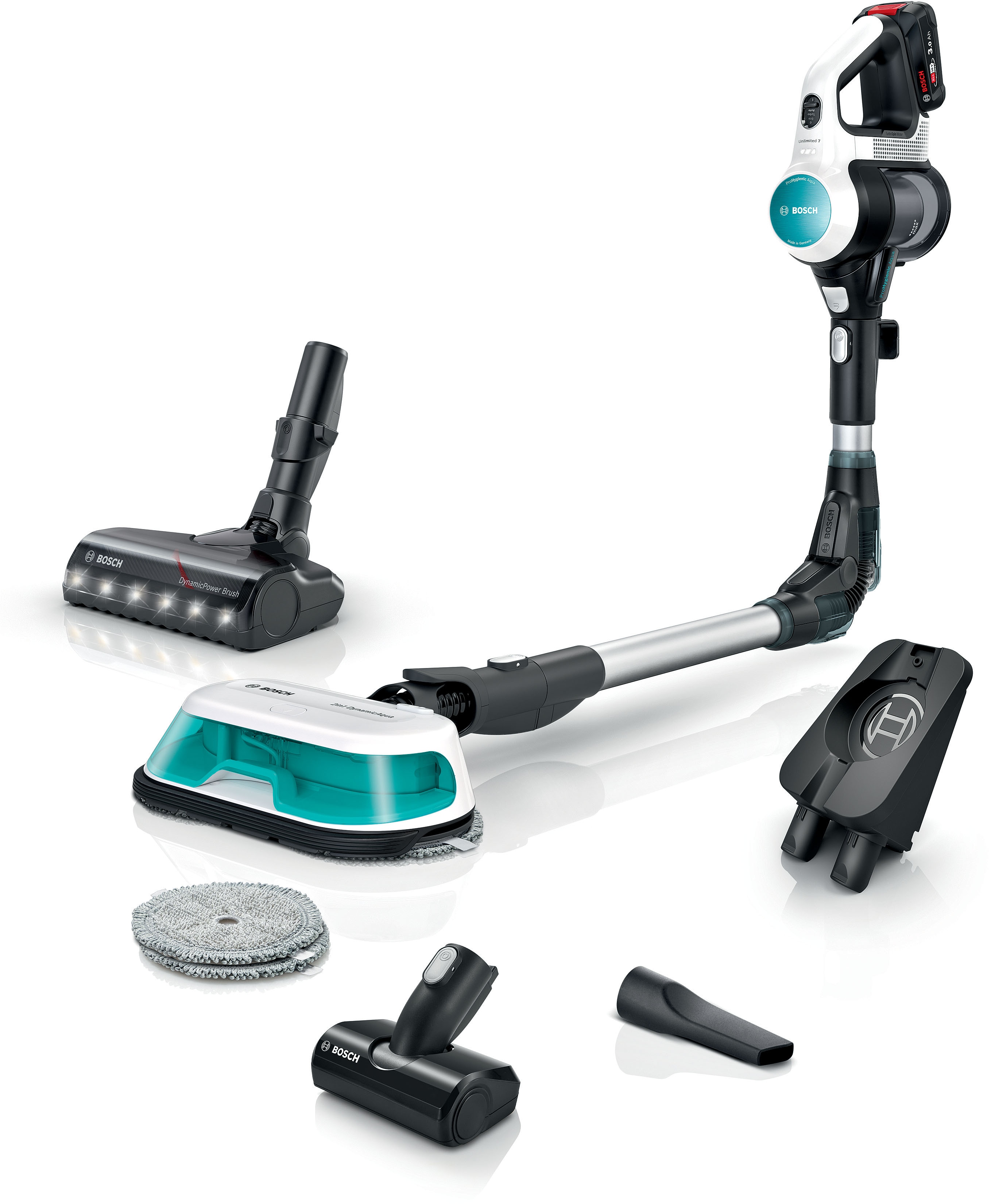 BOSCH Akku-Stielstaubsauger "Unlimited 7 ProHygienic Aqua BKS71HYG4, 2in1 Saugen & Wischen" Knickrohr, Hygiene-Filter, 10 J. Motorgarantie, Mini-Turbo-Düse, weiß