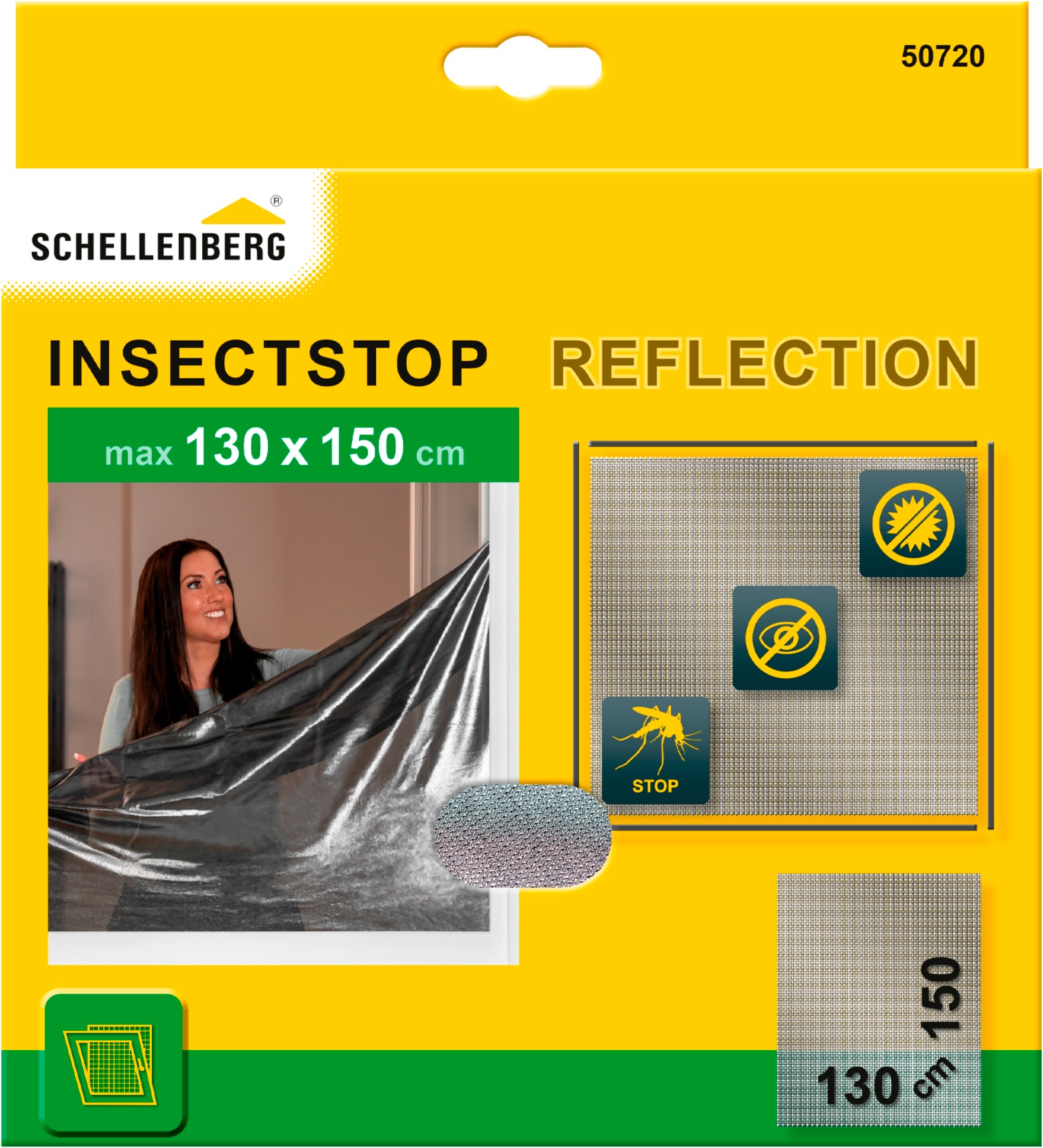 SCHELLENBERG Fliegengitter-Gewebe "Reflection, reflektierender Insektenschutz", B/H: 130cm x 150cm, 1er Pack, grau, Insektenschutzgitter, für