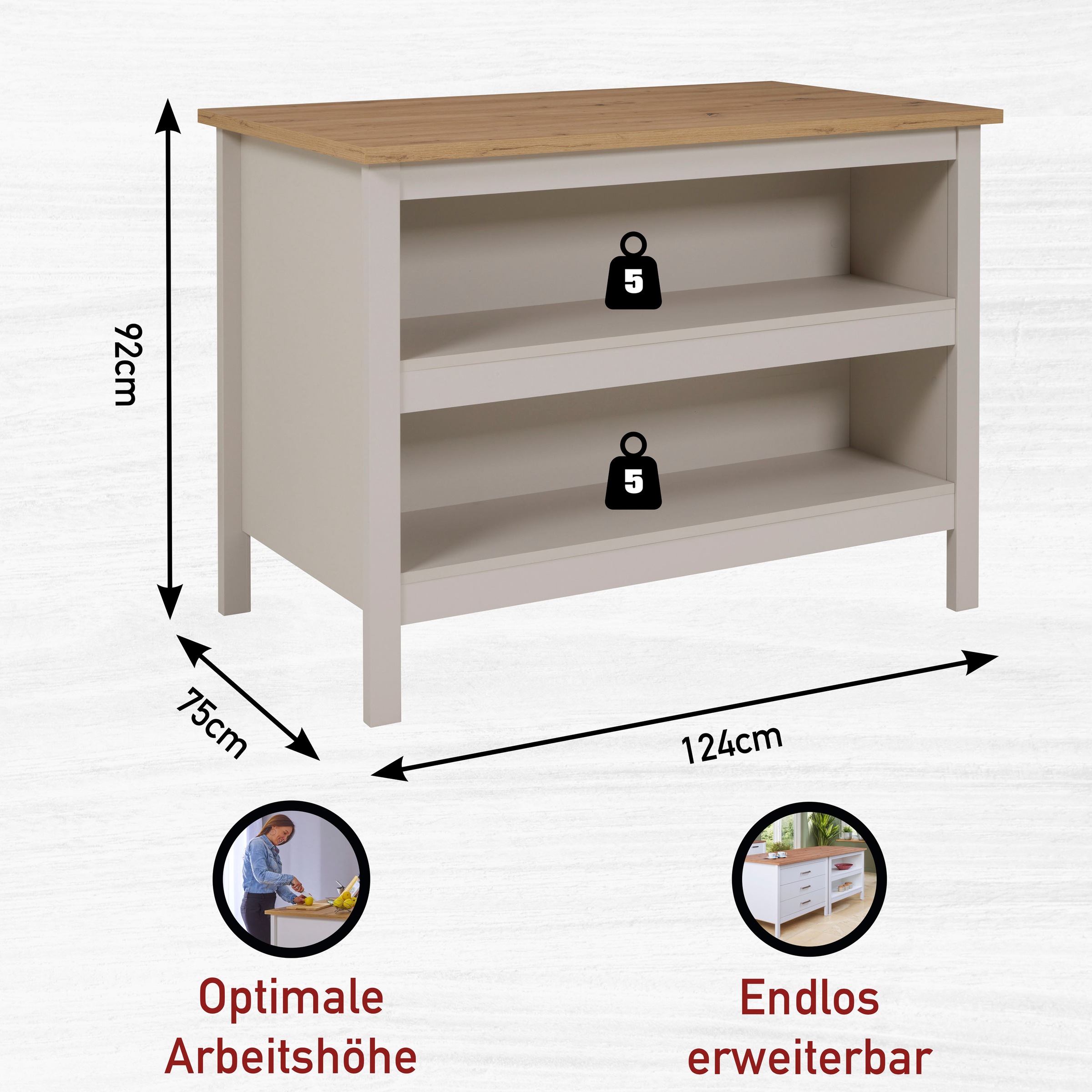 Inter Link Bartisch »Pienza, multifunktional für Küche & Essbereich, im Skandi Look« 1 Stk. tlg. Kücheninsel mit Regalböden, Platz für 2 Hocker, Kaschmir, 124x75x91 cm