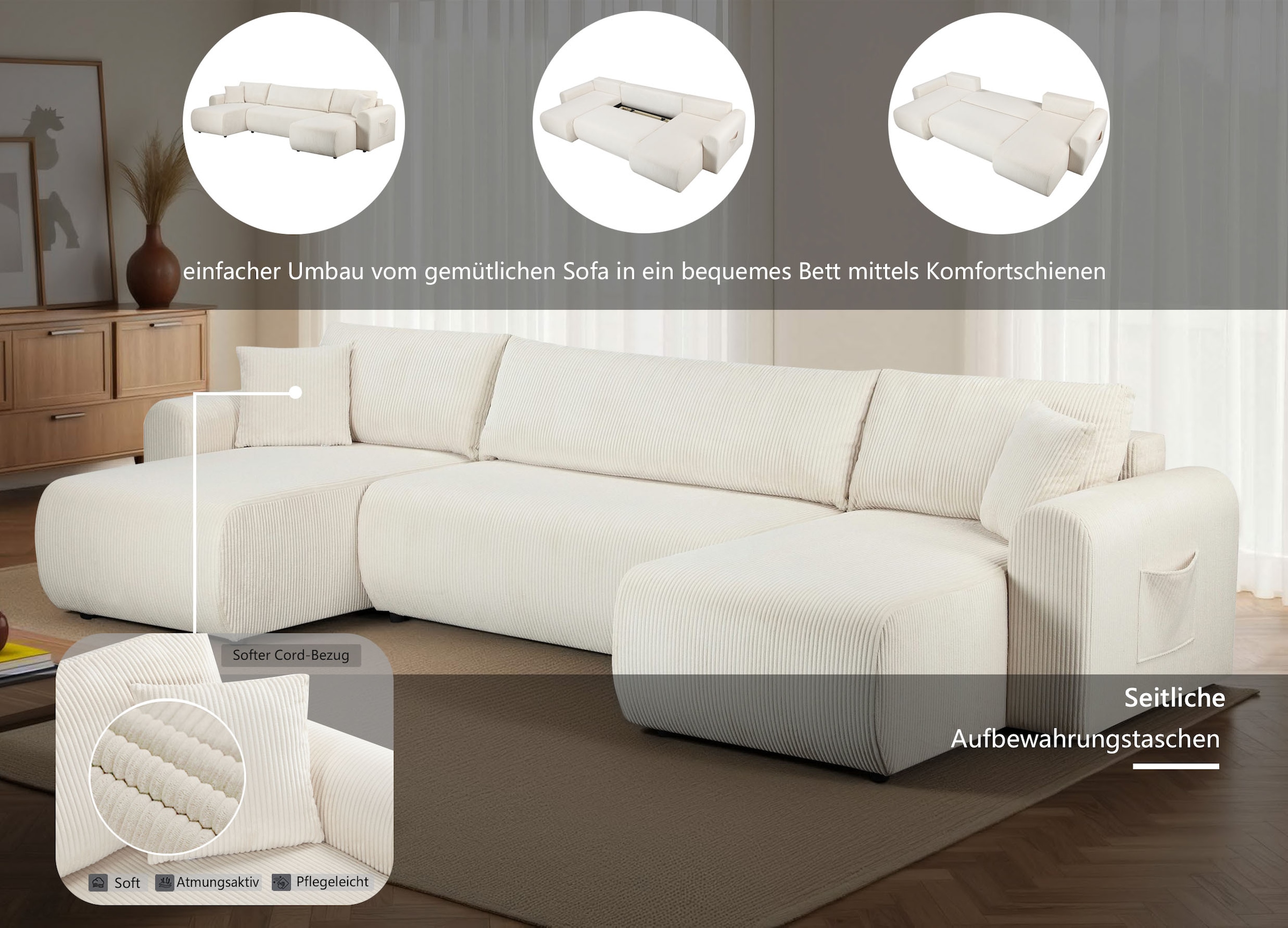 OTTO home Wohnlandschaft »JONAA, 311 cm, U-Form, Schlafsofa, Boxspringfederung, Dauerschläfer« 133/270cm, Bettkasten, Seitentaschen, Cord und Struktur