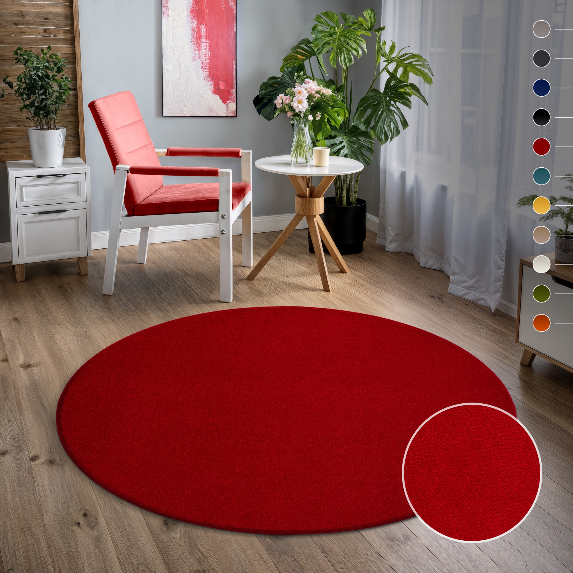 Sanat Teppich "UNI, auch als Läufer und Rund" rund 13 mm Höhe robuster Kurzflorteppich, große Farbauswahl, Wohnzimmer, alle Räume