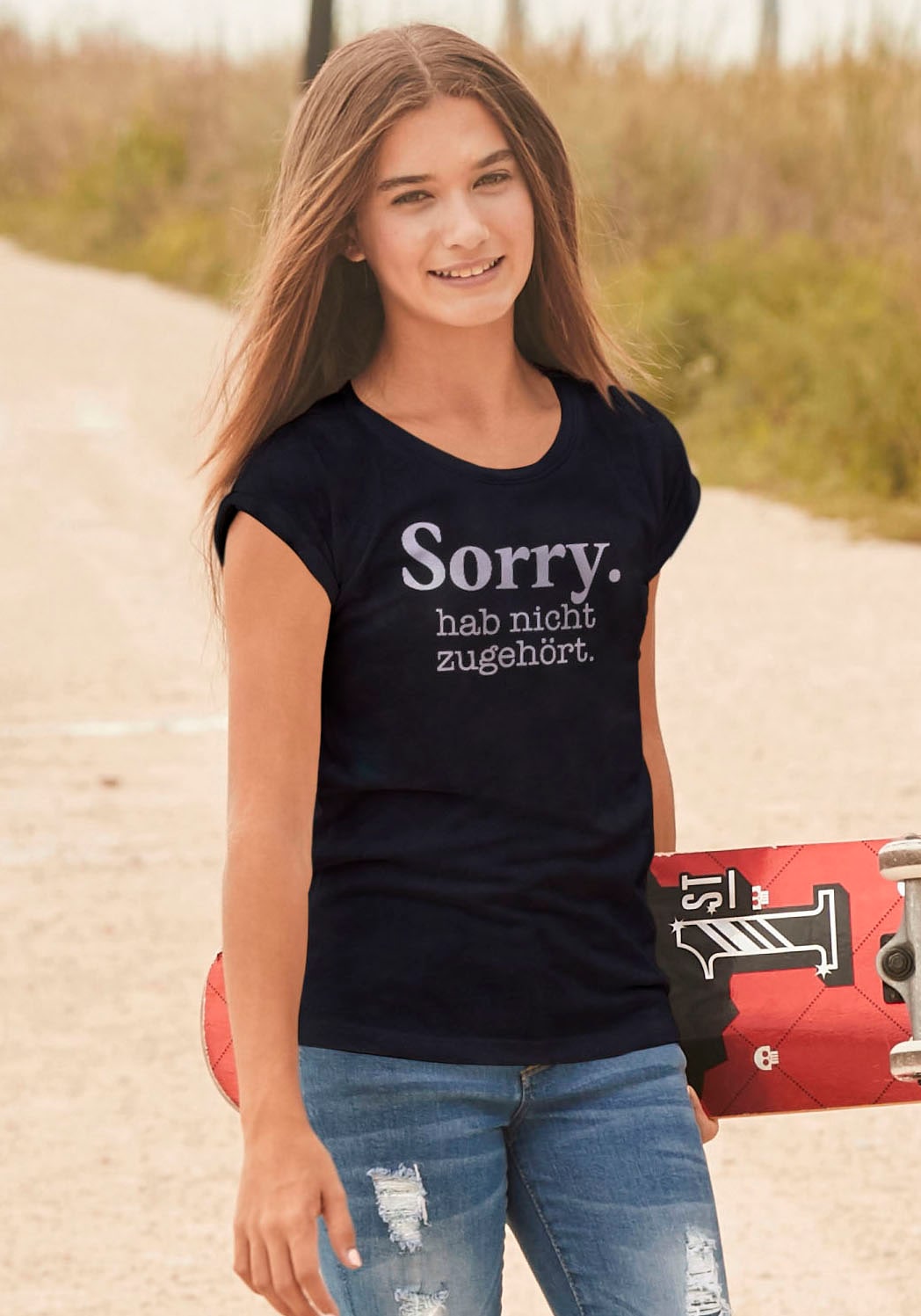 KIDSWORLD T-Shirt »Sorry. bestellen weiter BAUR legerer zugehört.«, hab nicht | in Form