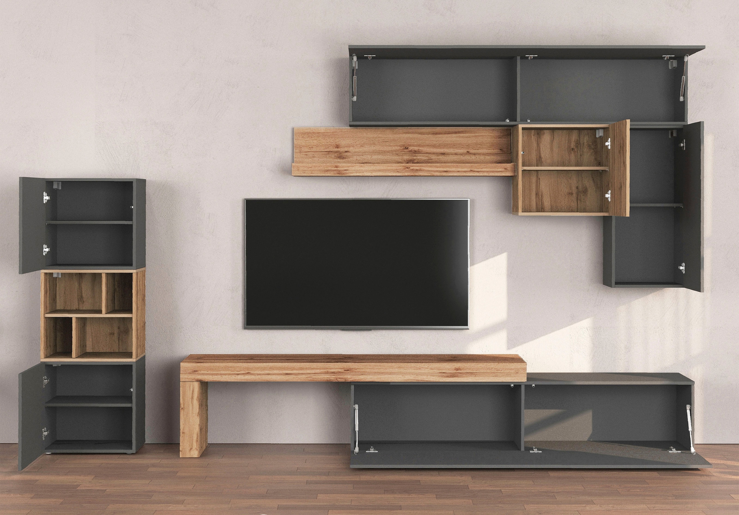 INOSIGN Wohnwand »Chronos Wohnwand, Medienwand, 8-er set«, (Set, 8 St.), ca. 320 cm mit Hängeschränke, Würfel, Regal, Lowboard, Made in Italy