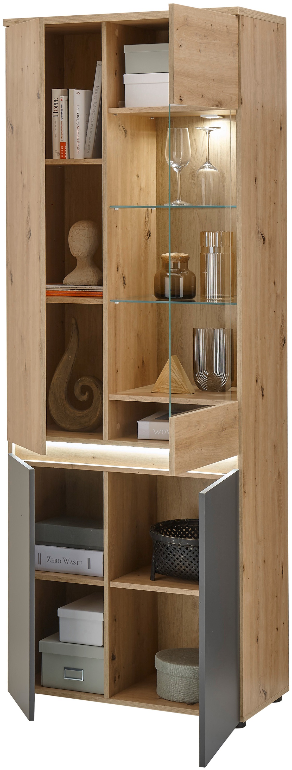 HBZ Vitrine »Lille«, (1 St.), mit LED-Beleuchtung, Vitrinenschrank in Eiche Artisan