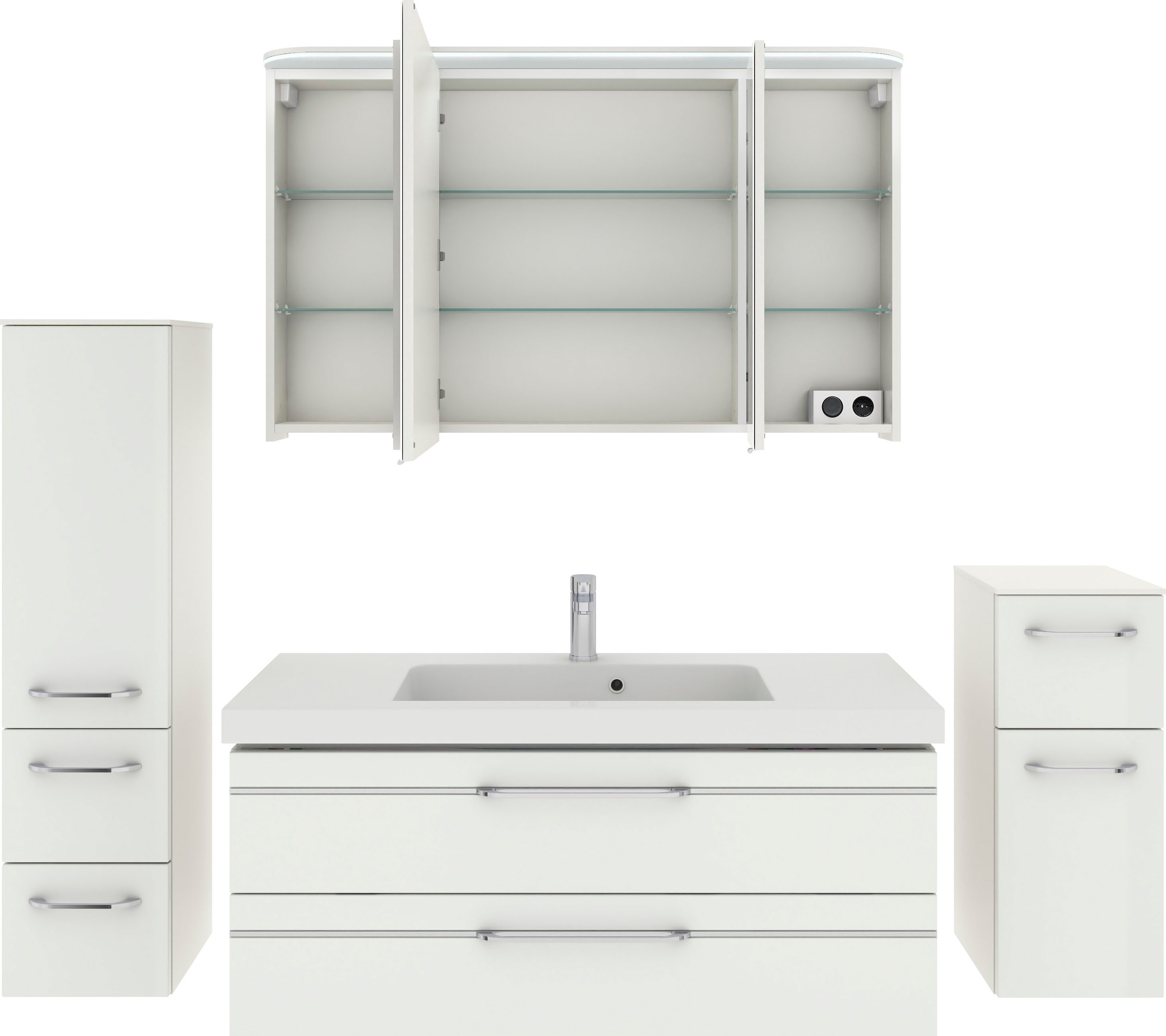 Saphir Badmöbel-Set »Balto Sprint 4-teilig, Mineralmarmor-Waschtisch mit LED-Spiegelschrank«, (5 St.), Unterschrank, Midischrank, inkl. Türdämpfer, 5 Türen, 5 Schubladen