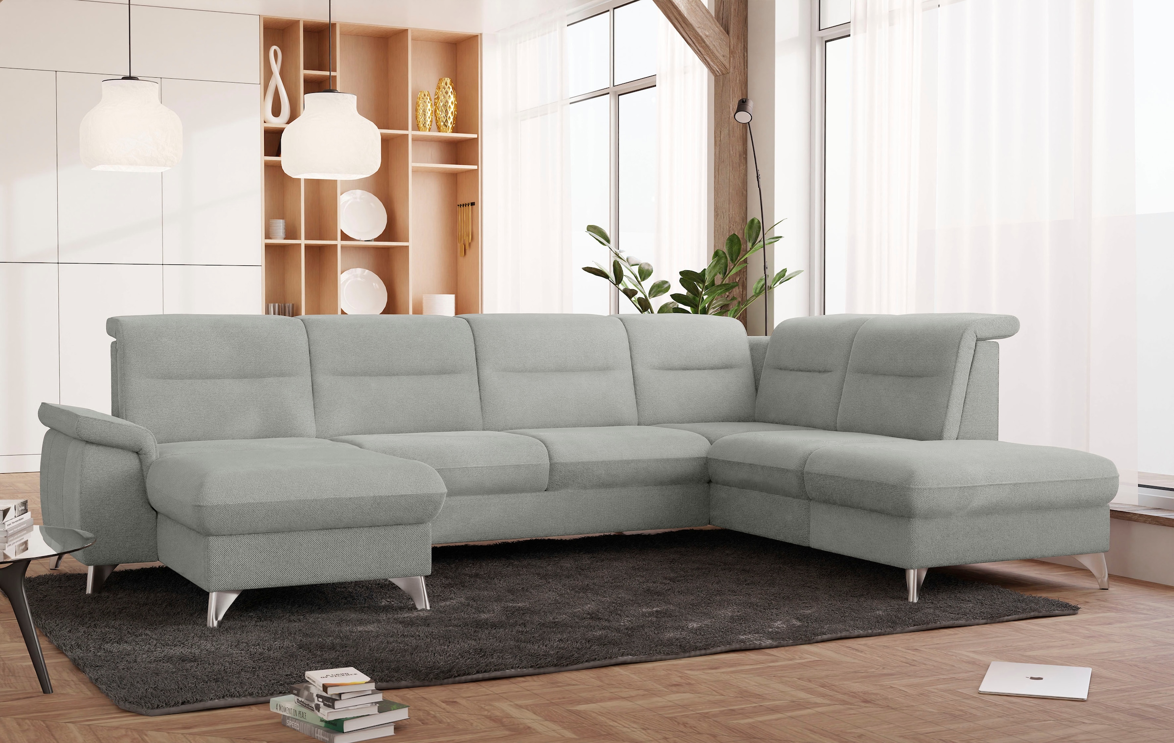 Wohnlandschaft SIT & MORE "Astoria U-Form", grau (hellgrau), B:327cm H:91cm T:225cm, 100% Polyester, Sofas, Wohnlandschaft, wahlweise mit motorischer Relaxfunktion 7