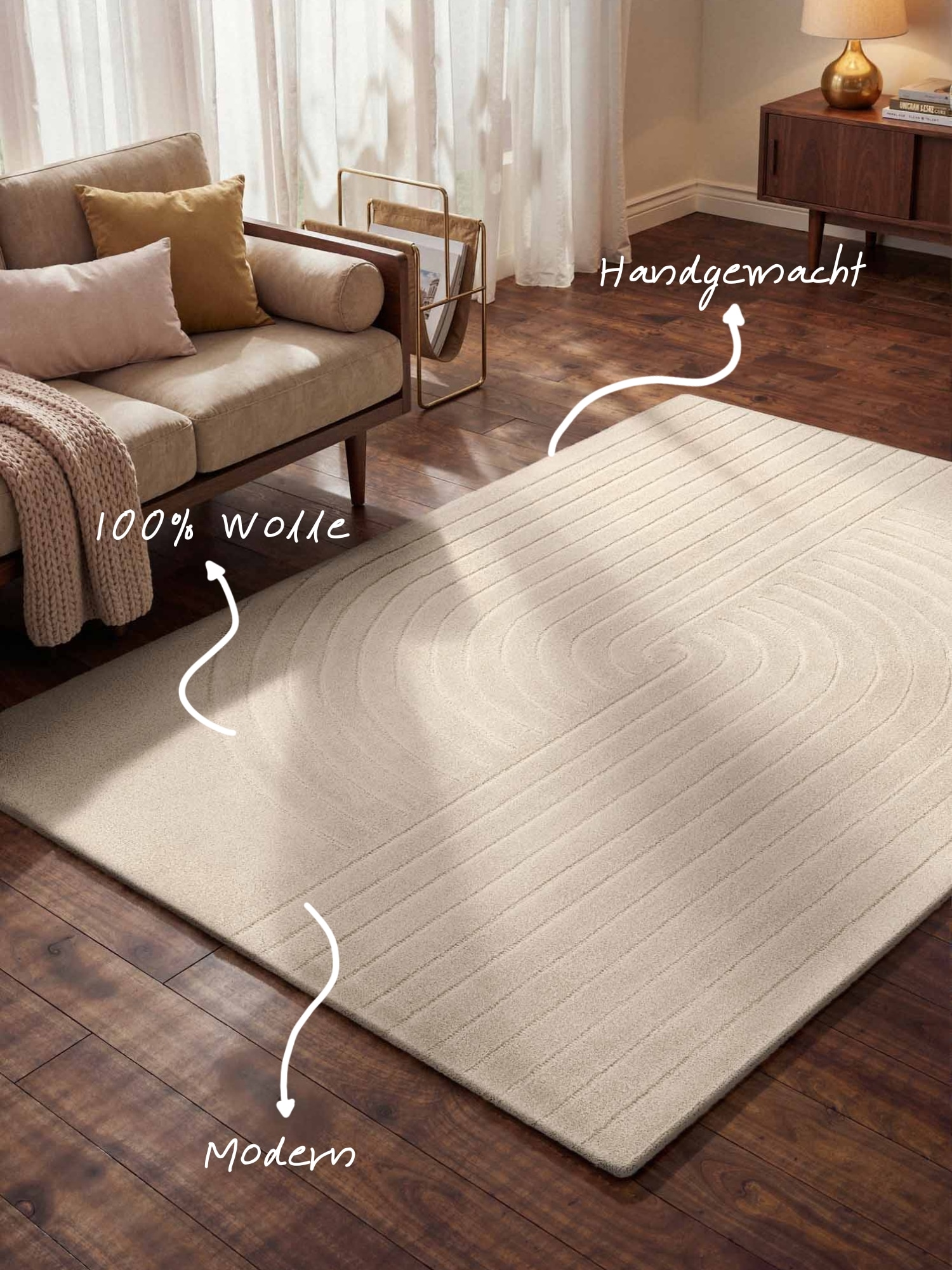 vikosa Wollteppich »Arcora« rechteckig 15 mm Höhe Wolle Handgemacht, Hoch-Tief-Effekt, Geometrisches Linien Wellendesign