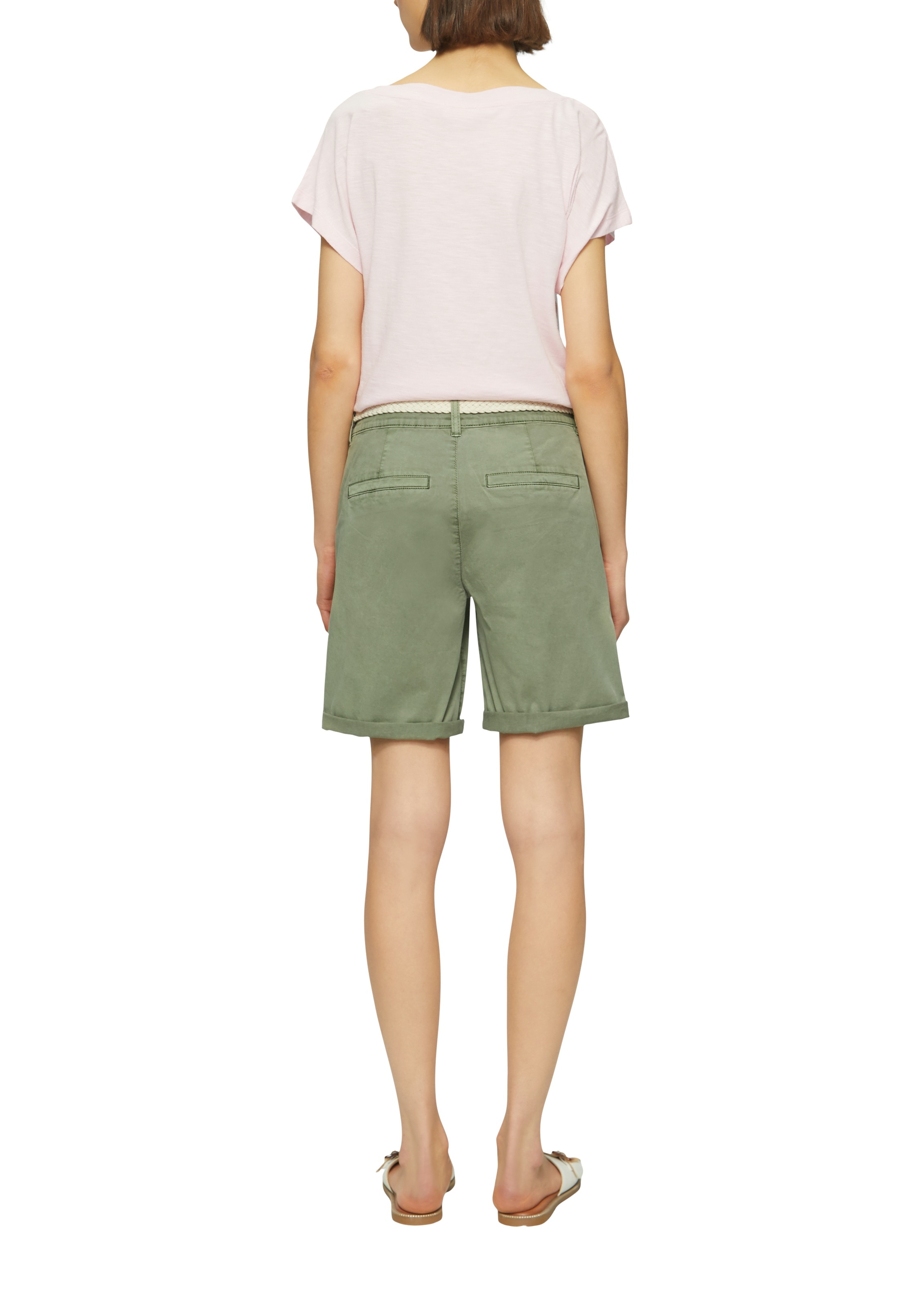 Chinoshorts S.OLIVER, Damen, Gr. 44, N-Gr, grün (shadow khaki), Obermaterial: 98% Baumwolle, 2% Elasthan, unifarben, regular fit kniefrei, Hosen Chinoshorts, Sommerhose mit geflochtenem Gürtel 3