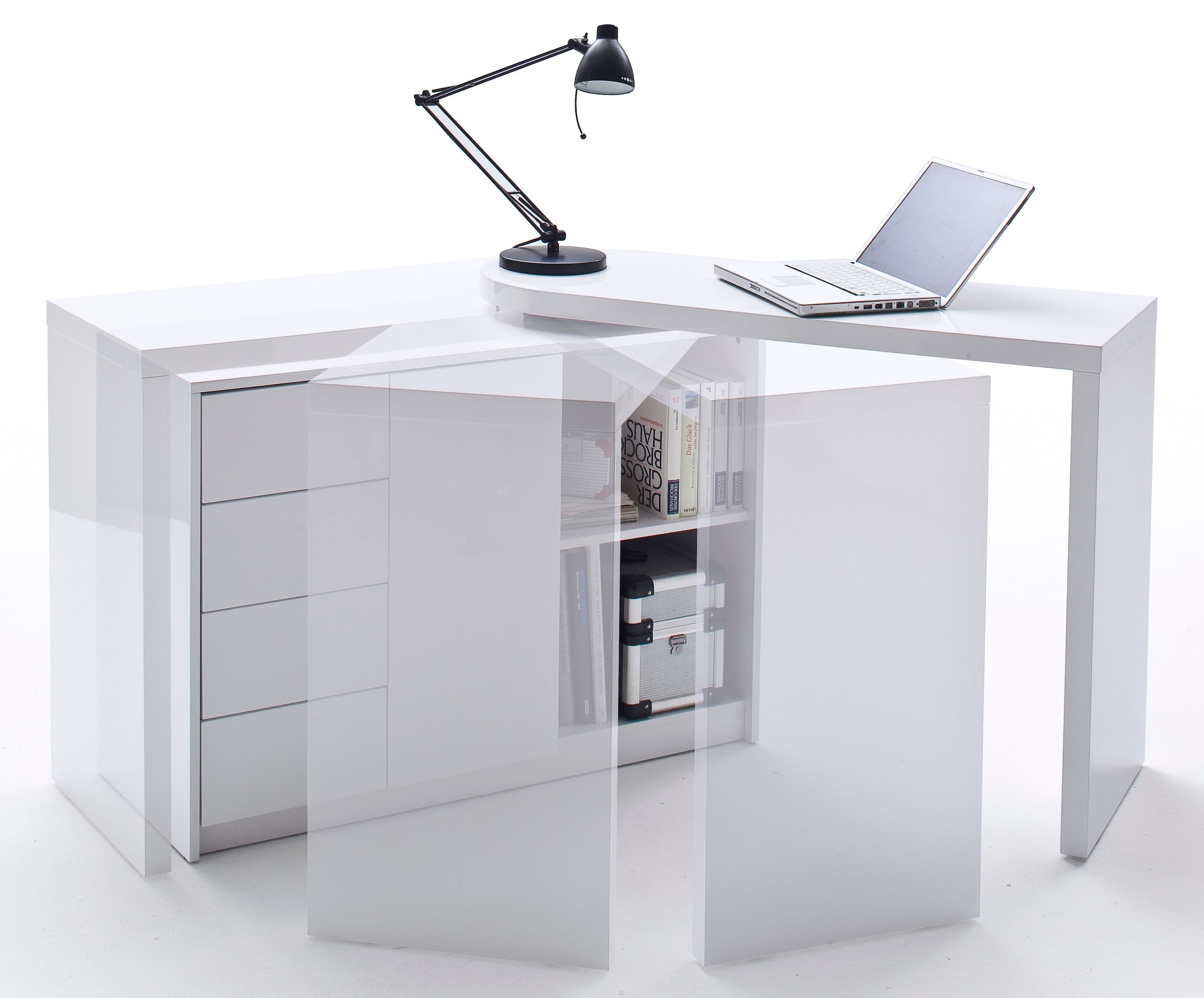 MCA furniture Schreibtisch »Matt«, Weiß Hochglanz mit Regalschrank, Tischplatte Schwenkbar