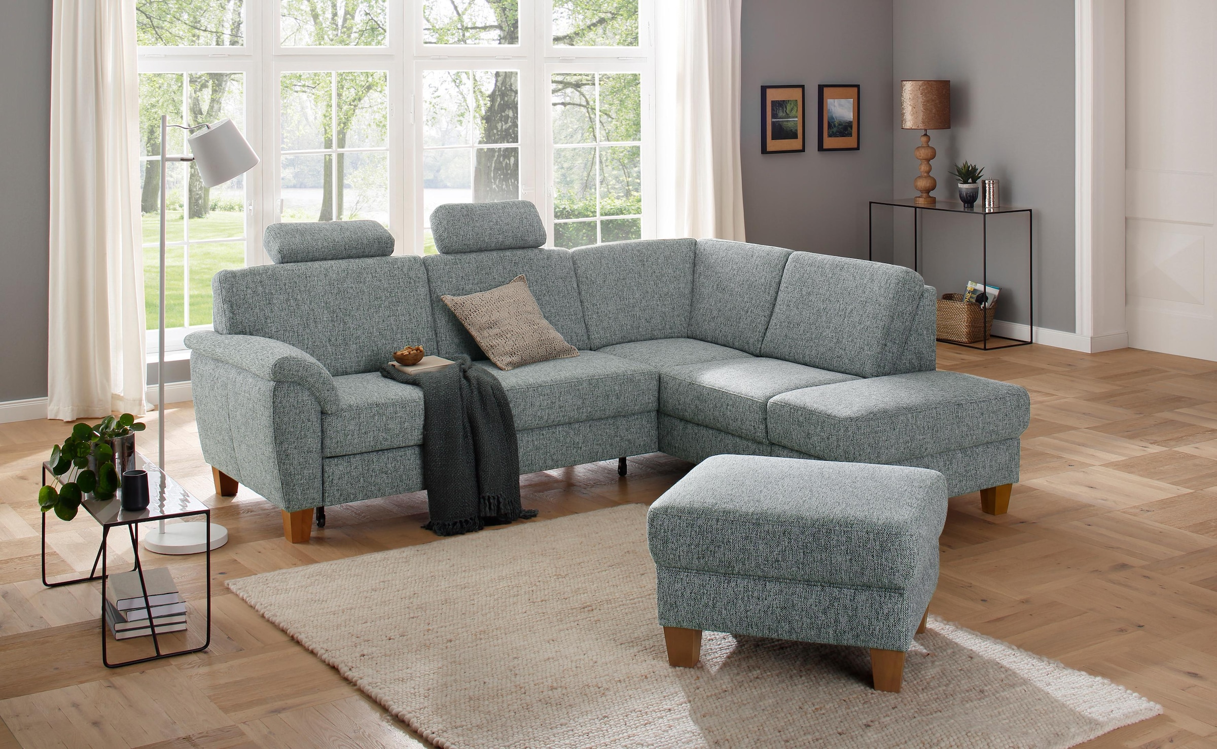 OTTO home Ecksofa "Alta L-Form" mit Federkern und Kontrastnaht, Füße Buche eichefarben