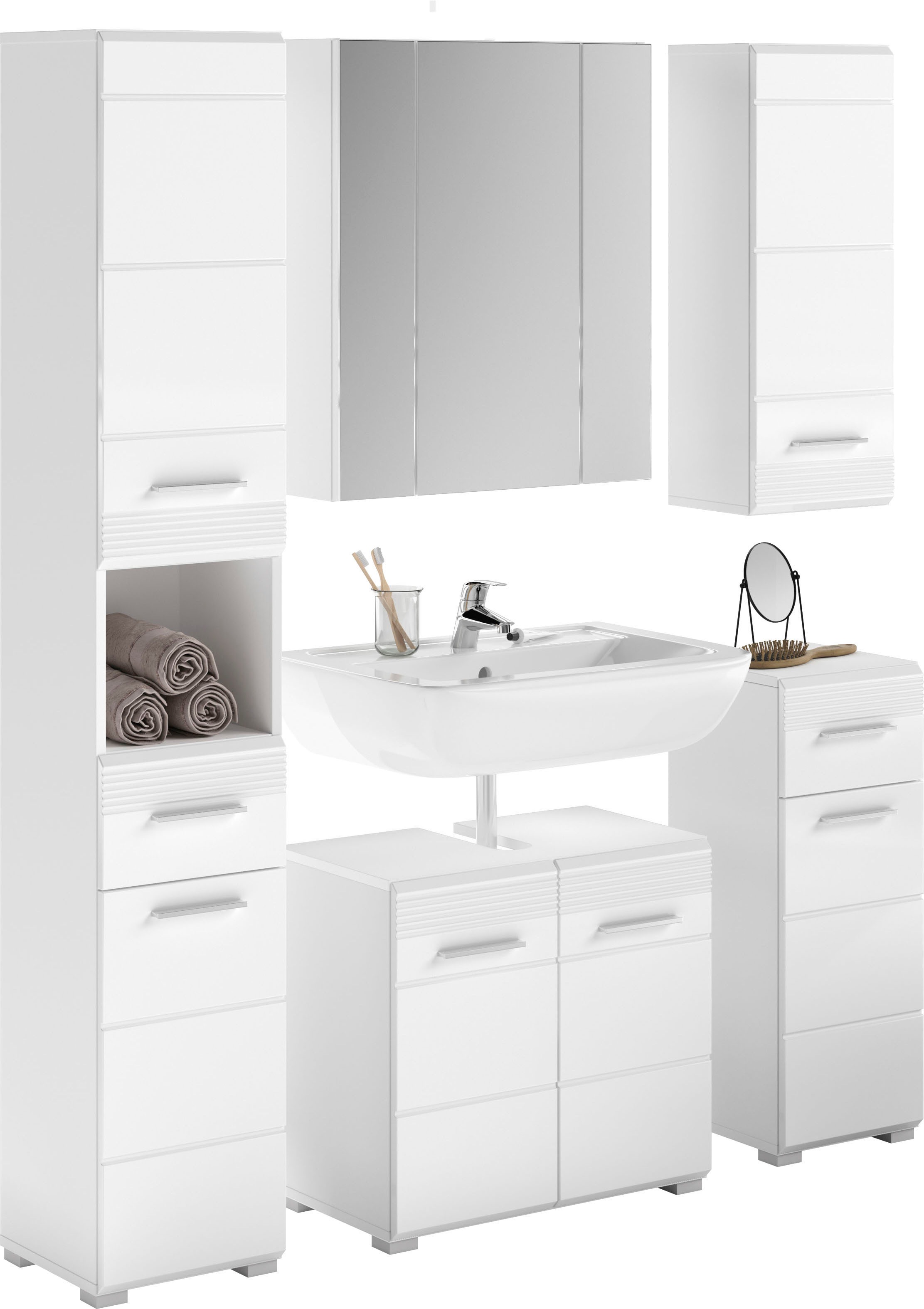 INOSIGN Badmöbel-Set »Malmö, 5 teilig, bestehend aus:«, (Set, 5 St.), Hochschrank, WBU, Spiegel, Unterschrank, Hängeschrank