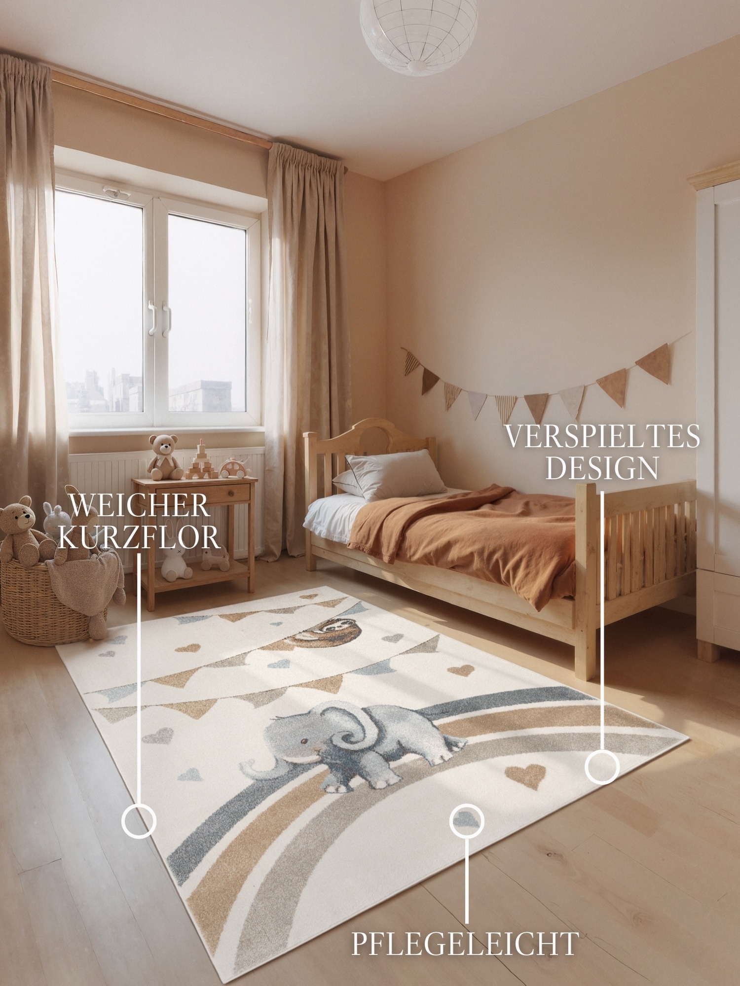 Villeroy & Boch Kinderteppich »Walk like an Elephant Rainbow Party« rechteckig 9 mm Höhe Spielteppich weich, Kinderzimmer, Boho Kids Spielunterlage, Tieremotiv