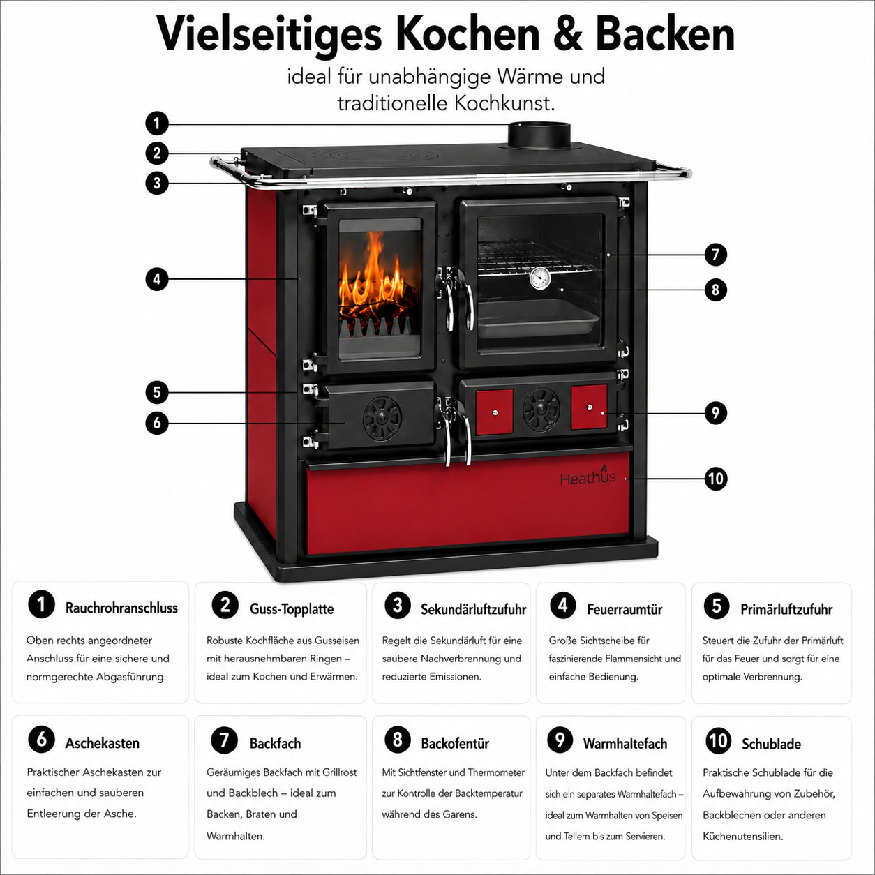   Festbrennstoffherd »Cook Premium Bordeaux« Küchenofen, Ofenherd zum Heizen, Kochen & Backen