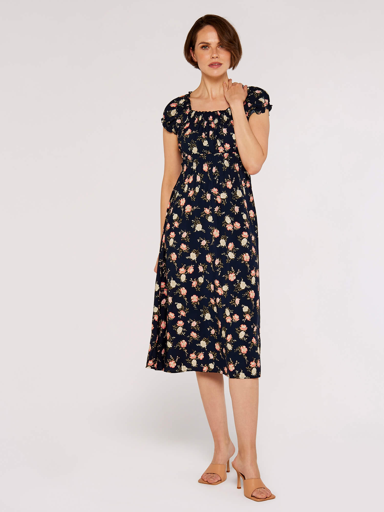 Apricot Midikleid "Vintage Rose Milchmädchen-Kleid" 1 tlg. mit Smokdetails
