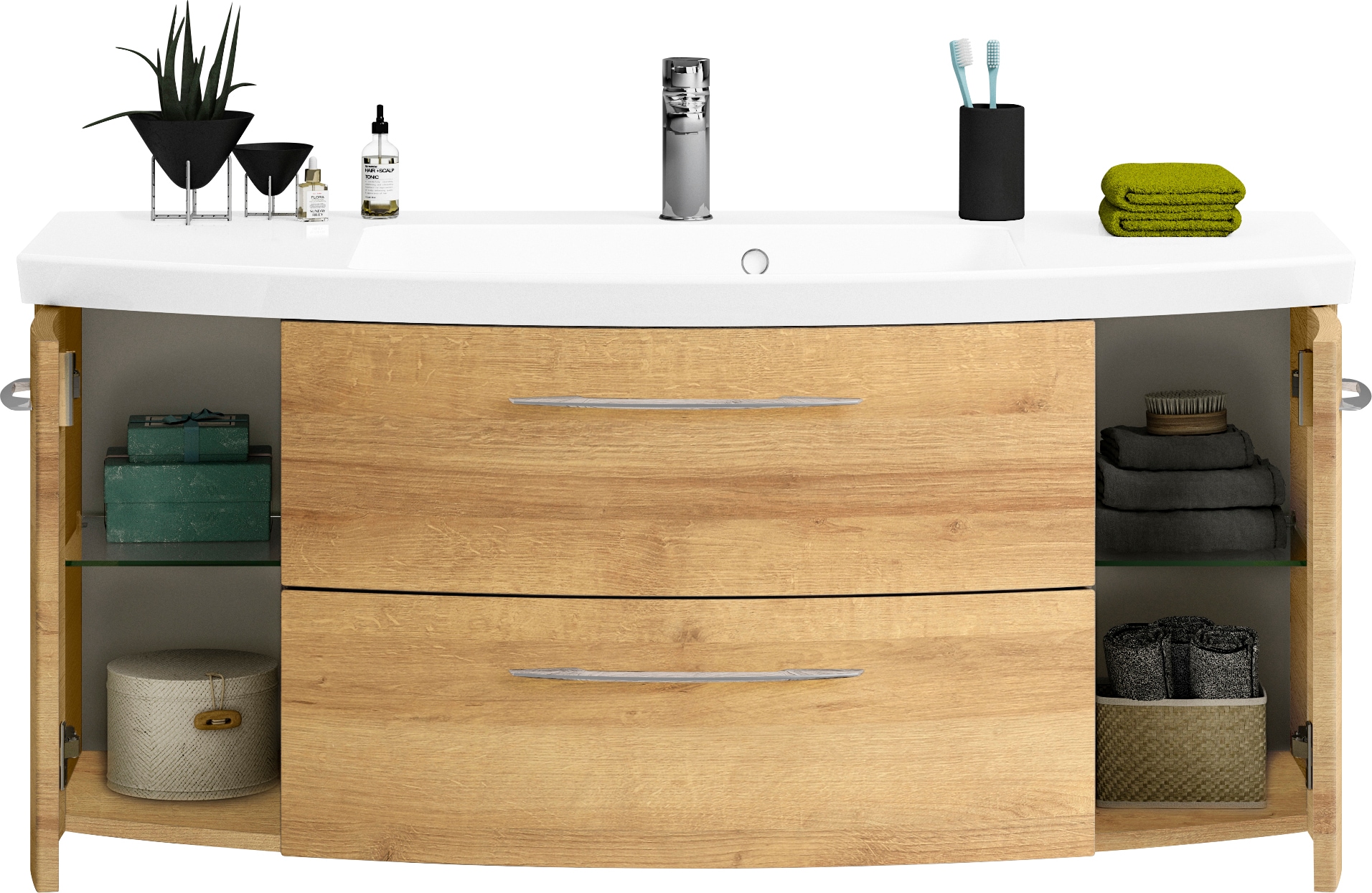 Saphir Badmöbel-Set »Cassca Sprint 2-teilig Mineralmarmor-Waschtisch mit LED-Spiegelschrank«, (2 St.), Waschplatz 121 cm breit mit 5 Türen, 2 Schubladen, inkl. Türdämpfer