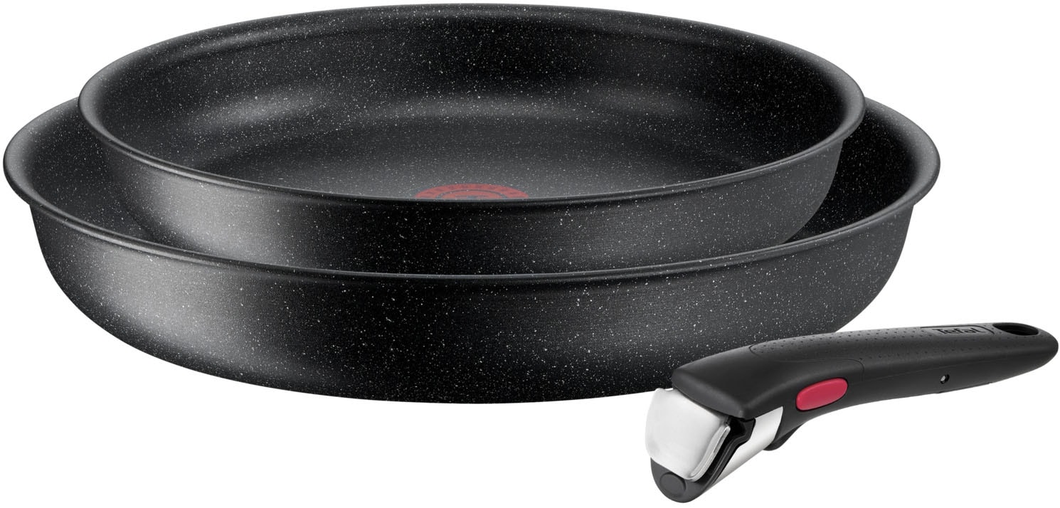 Tefal Pfannen-Set "Ingenio Black Stone, Pfannenset abnehmbarer Griff, antihaftversiegelt" Aluminium Set, 2x Pfannen Ø 24/28 cm, 1x abnehmbarer Griff, Made in France, 3 Stk. tlg. stapelbar, platzsparend, einfache Reinigung, Induktion, L39990