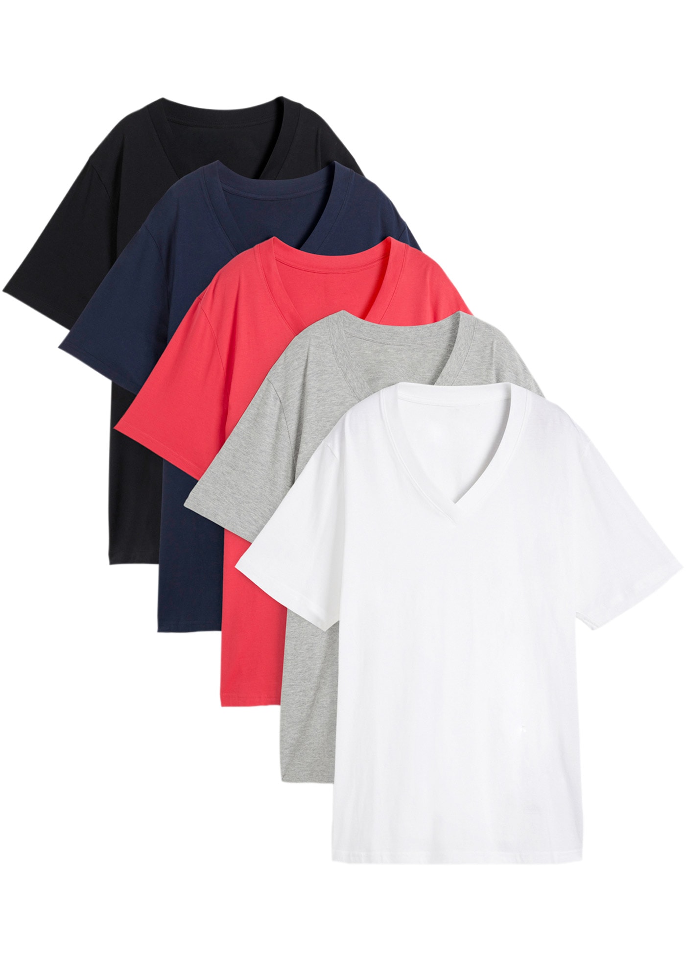 bonprix "Weites Long-Shirt mit V-Ausschnitt, Kurzarm (5er Pack)" Packung, 5 tlg. lockere Passform, Kurzarm, mit V-Ausschnitt, unifarben