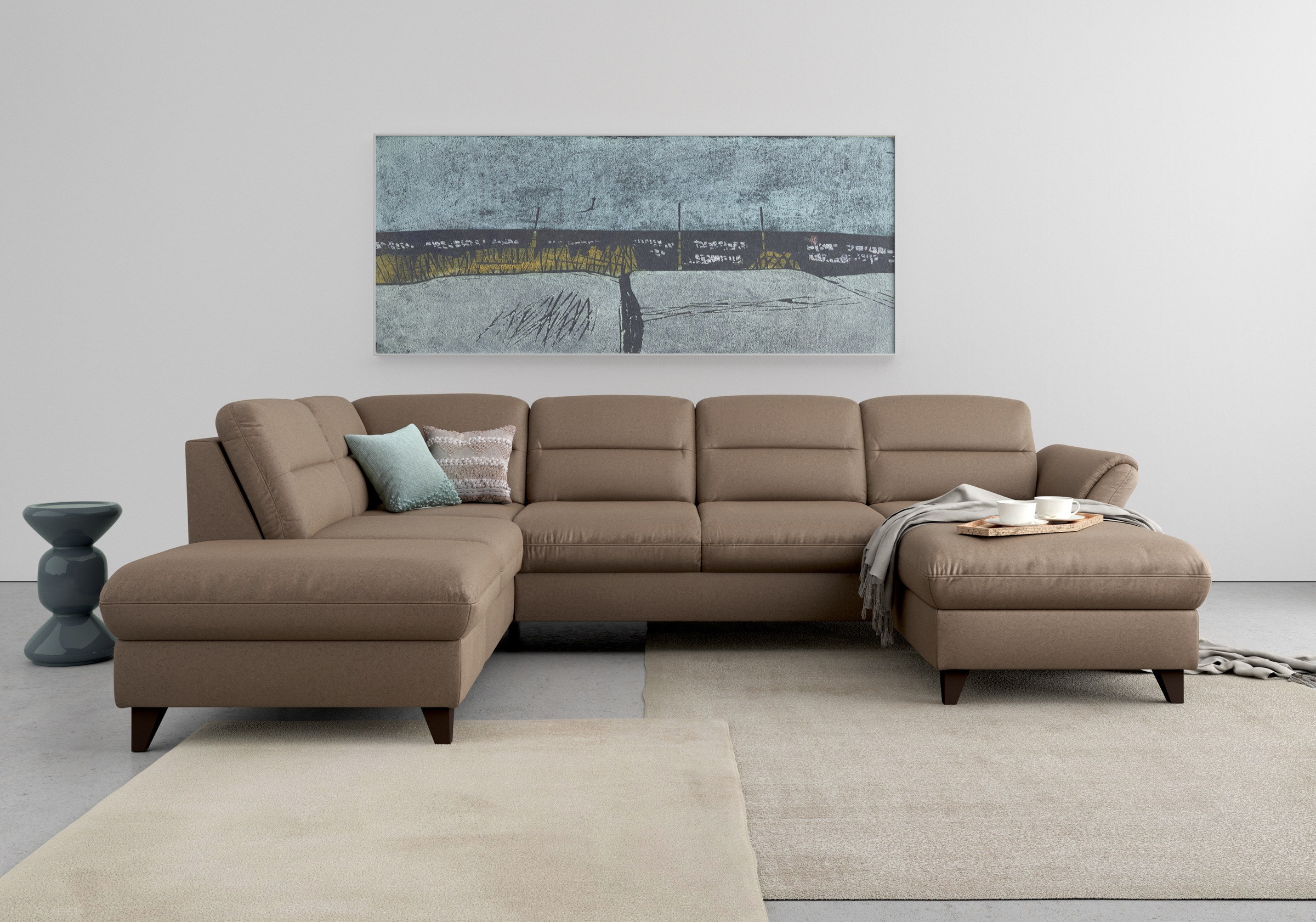 Wohnlandschaft SIT & MORE "Mellum U-Form", braun (nuss), B:306cm H:87cm T:212cm, 100% Polyester, Sofas, Wohnlandschaft, Federkern, wahlweise mit Bettfunktion, Stauraum und Armteilfunktion