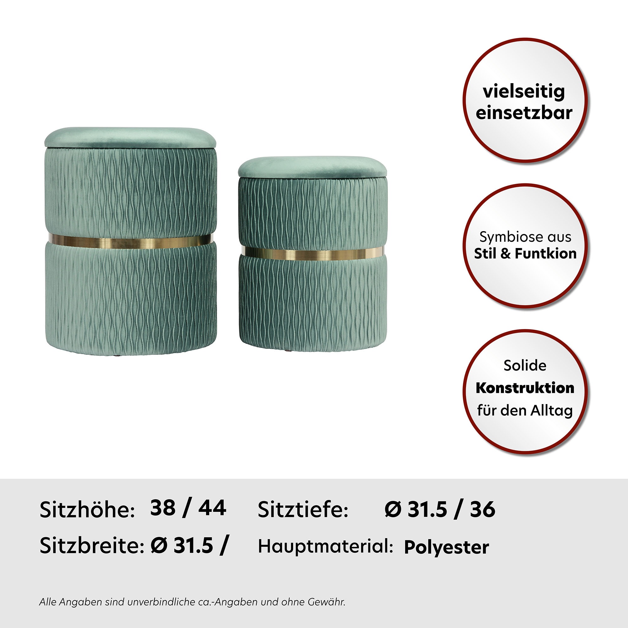Kayoom Polsterhocker »Hocker Zora 425 2er-Set, Praktischer und versteckter Stauraum«, (Set, 2 St.), 2er-Set mit Stauraum, ineinander stapelbar, goldener Ring