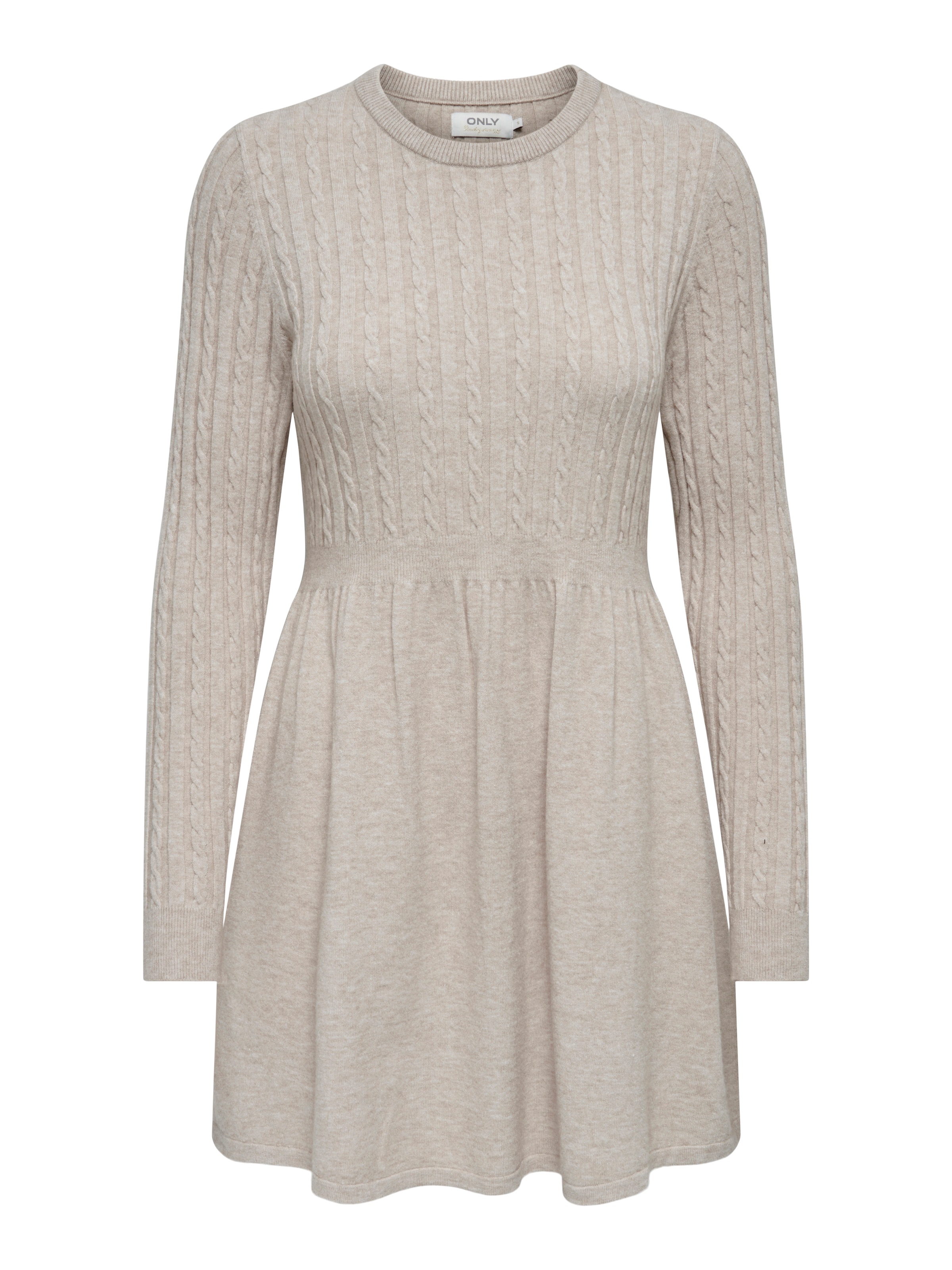 Strickkleid ONLY "ONLFIA LS CABLE DRESS KNT", Damen, Gr. L, N-Gr, beige (weatherot teak detail:melange), Strick, Obermaterial: 50% Viskose, 27% Nylon, 23% Polyester, meliert, regular fit ca. Mitte Oberschenkel, Rundhals, Kleider Strickkleid, Viskosemischu 3