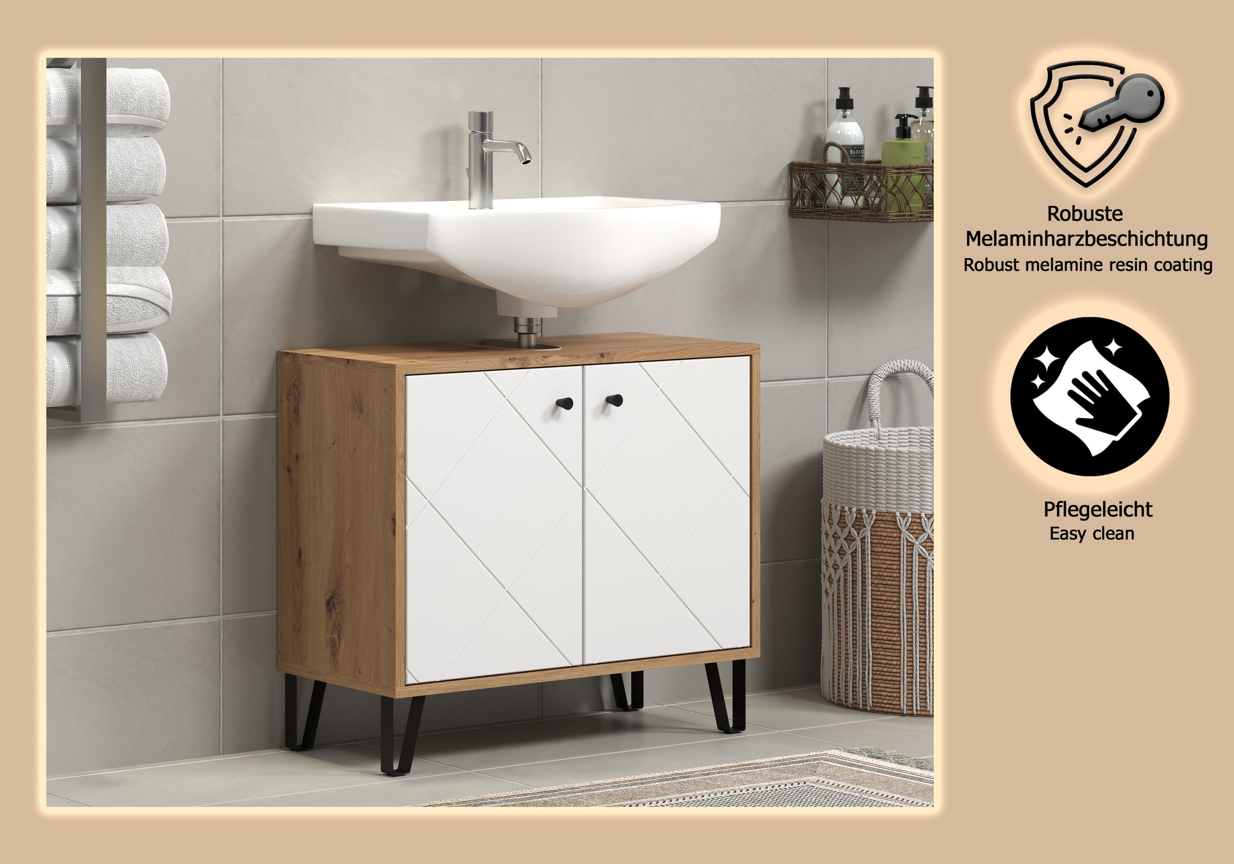 PLACES OF STYLE Waschbeckenunterschrank »Tarragona« 1 Stk. tlg. Waschbeckenunterschrank mit 2 Türen - (B/T/H) 69/32/61 cm