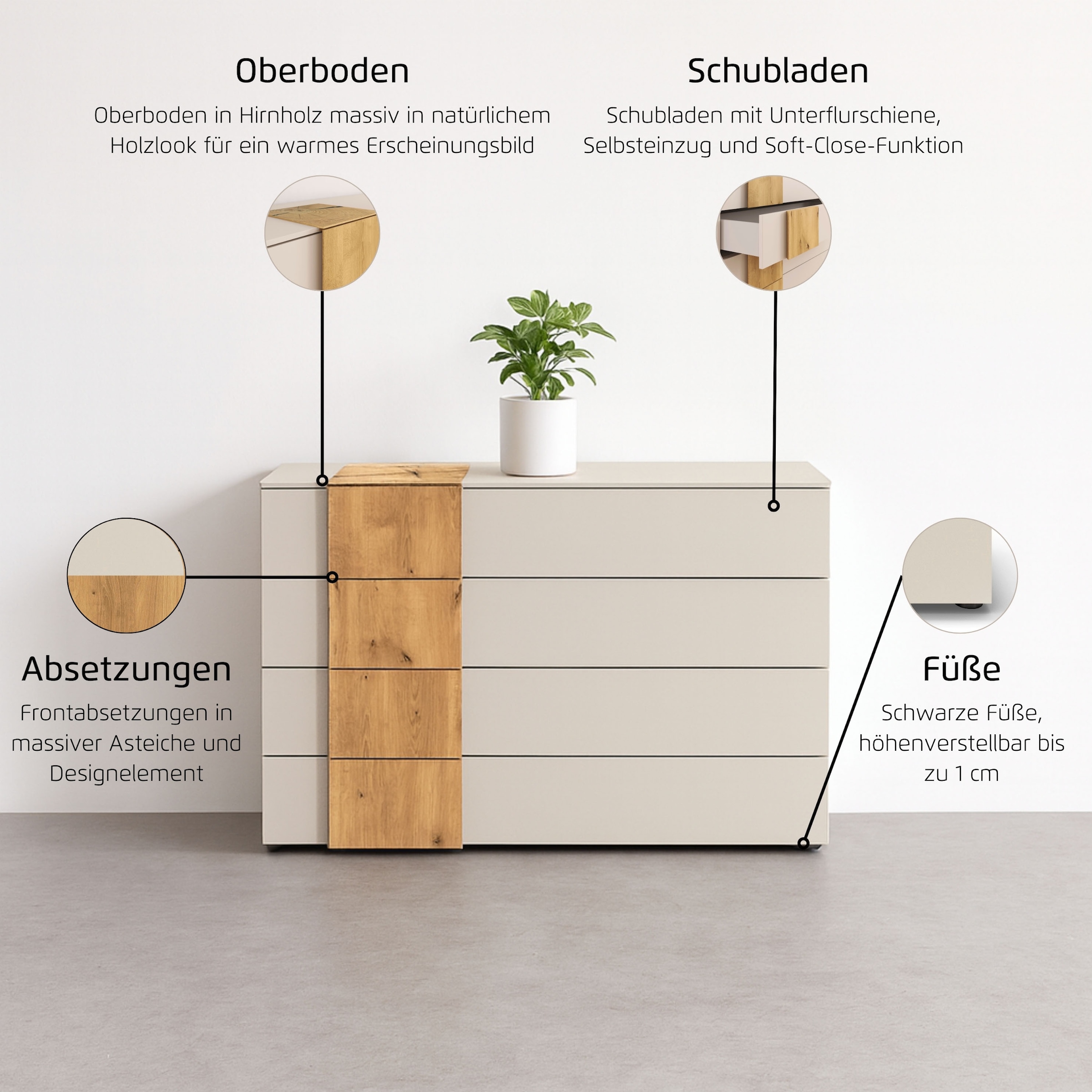 rauch Schubkastenkommode »Sideboard Kommode Schubladenkommode KONA« Breite 120 cm, Höhe 81 cm,  Absetzung Asteiche massiv, inkl. Soft-Close-Funktion MADE IN GERMANY