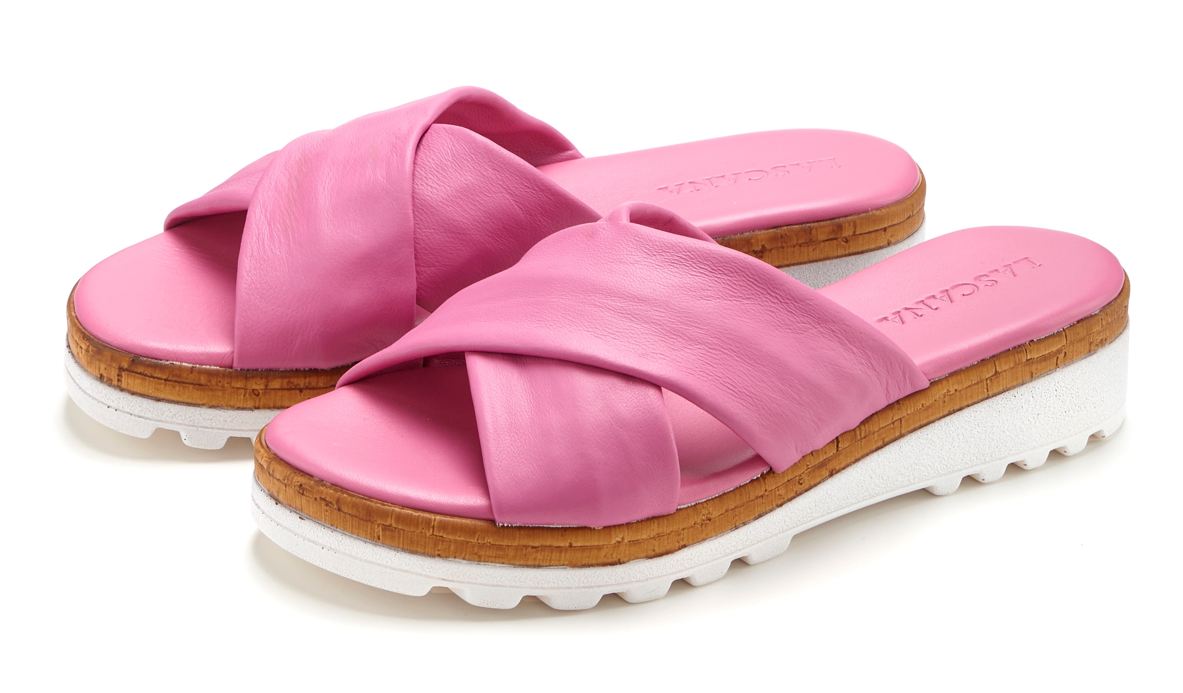 LASCANA Pantolette "Sandale, Sommerschuh, Mule, offener Schuh," NEU aus Leder mit dezentem Keilabsatz