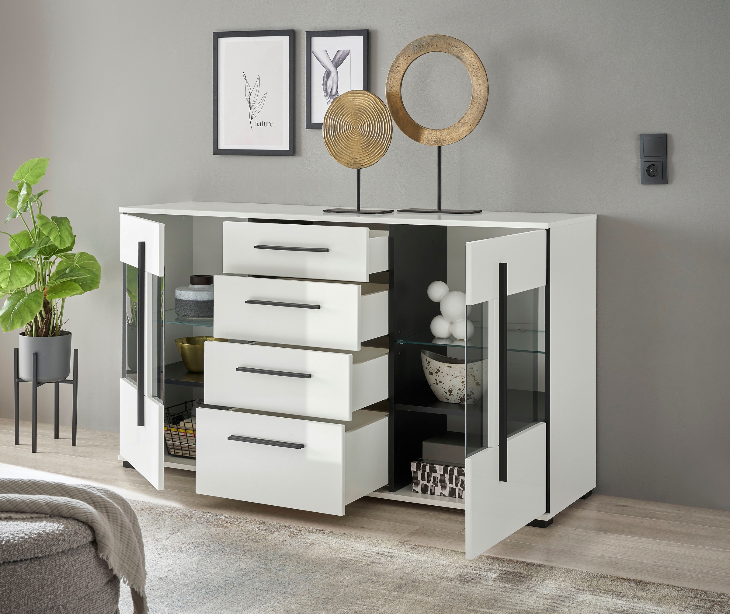 INOSIGN Sideboard »Cantara, moderner Schrank, Kommode in Eiche Evoke oder weiß«, schwarze Stangengriffe, ausreichend Stauraum, vielseitig einsetzbar