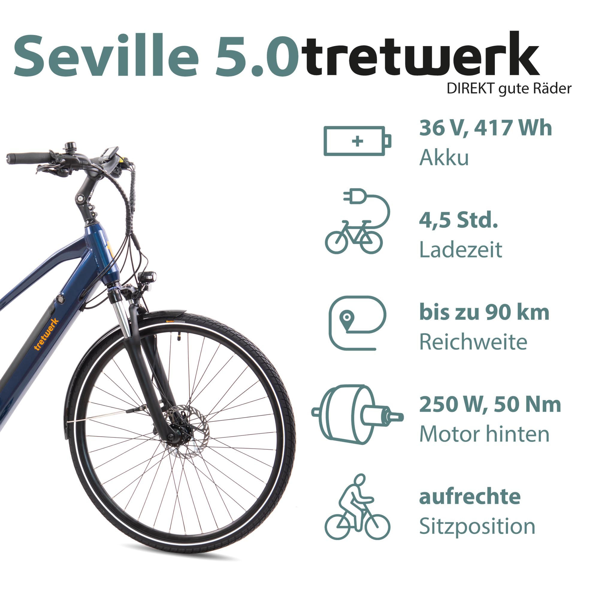 Tretwerk E-Bike »Seville 5.0«, 24 Gang, Shimano, Heckmotor 250 W, Pedelec, Elektrofahrrad für Damen u. Herren