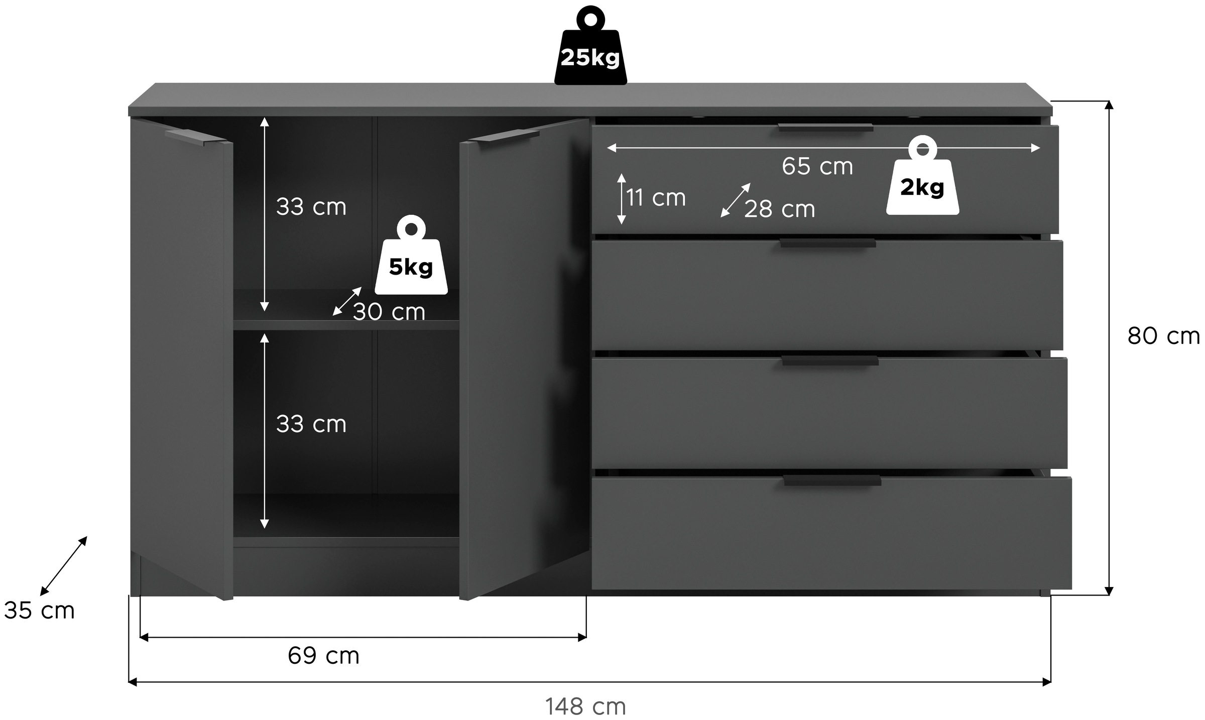 Home affaire Sideboard »SKARDE, Breite 148 cm, 4 Schubkästen, 2 Türen, viel Stauraum« in verschiedenen Farben und Breiten erhältlich, individuell einsetzbar,  Kommode, Anrichte, Schubkastenkommode, Schuhschrank, Schrank