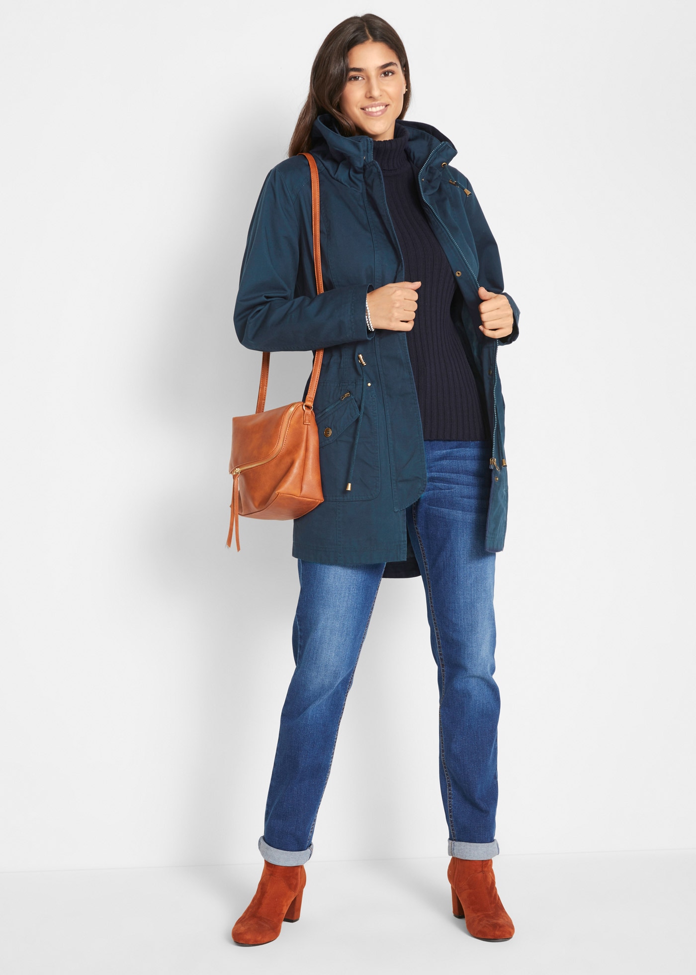 bonprix Parka »Baumwoll-Kurzparka mit Stehkragen, talliert« mit Kapuze taillierte Passform, mit Stehkragen und Tunnelzug