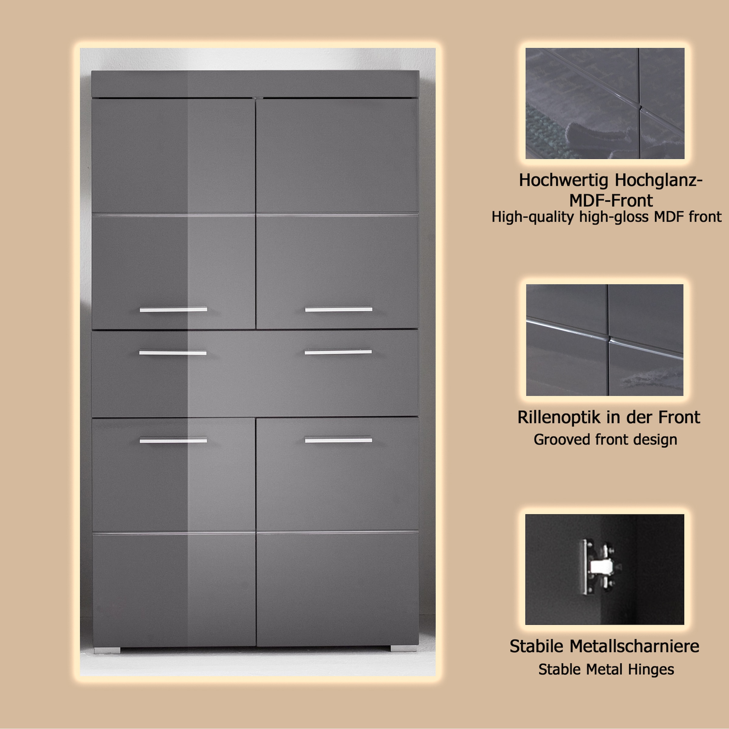 welltime Midischrank »Avena« Standschrank mit 4 Türen, 1 Schublade - (B/T/H) 73/31/130 cm